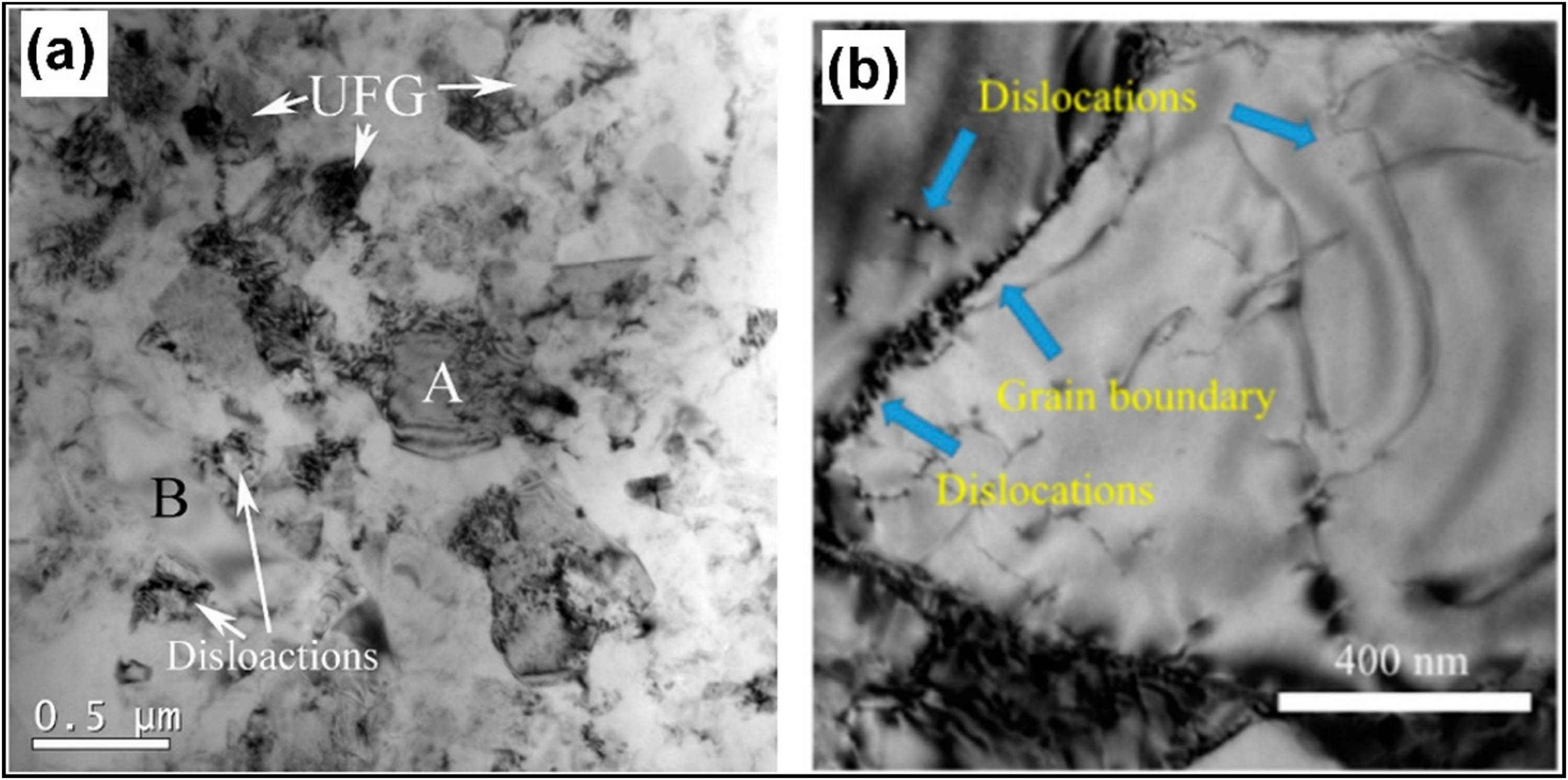 Figure 36 
                  Dislocation piles up at the grain boundaries of the (a) Al–SiC composite [186] and (b) Al-GNP composite [233].
               
