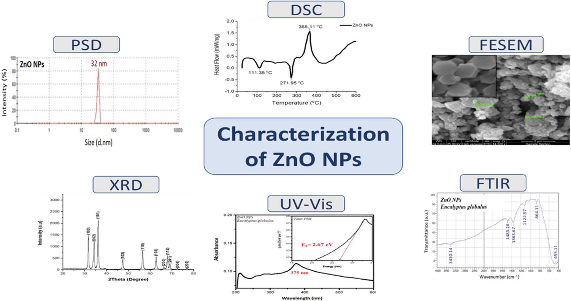 Figure 2 
               Characterization analyses of green-synthesized ZnO NPs including particle size distribution, differential scanning calorimetry, field emission scanning electron microscopy, X-ray diffraction (XRD), UV-vis spectroscopy (UV-vis), and FTIR [103].
            