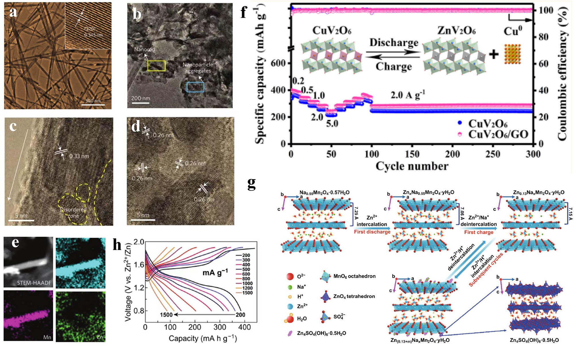 Figure 5 
                  (a) TEM image for α-MnO2 nanofiber. (b–d) TEM/HR-TEM images of MnO2 electrodes during electrochemical process. (e) STEM-high-angle annular dark-field image of short nanorods and STEM-EDS mappings of the elemental distributions of Mn, O, and Zn in the MnO2 electrode in the discharged state during the first cycle [73]. Copyright 2016 Macmillan Publishers Limited. All rights reserved. (f) Rate performance of graphene oxide wrapped CuV2O6 nanobelts and CVO NBs and Scheme showing reversible Zn2+ deintercalation between CuV2O6 and ZnV2O6 [74]. Copyright 2022 American Chemical Society. (g) Schematic illustration of the displacement/intercalation reaction mechanism in the first cycle, and the (de)intercalation mechanism of Zn2+ in subsequent electrochemical discharge/charge processes. (h) Galvanostatic charge/discharge profiles of the Zn/Na0.55Mn2O4·0.57H2O (NMOH) cell tested between 0.8 and 1.9 V with different current densities [75]. Copyright 2020 Springer.
               