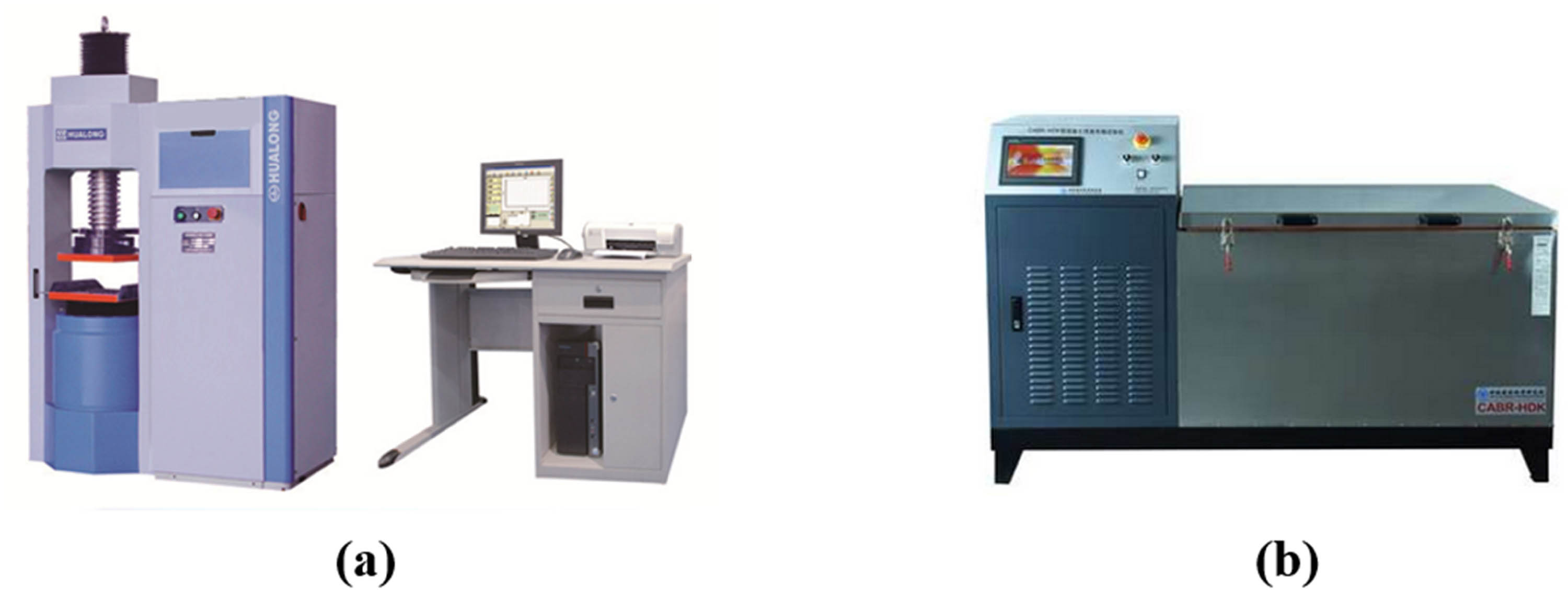 Figure 6 
                     Freeze–thaw resistance testing instrument: (a) WHY-2000 microcomputer-controlled pressure testing machine and (b) HC-HDK freeze–thawing machine.
                  