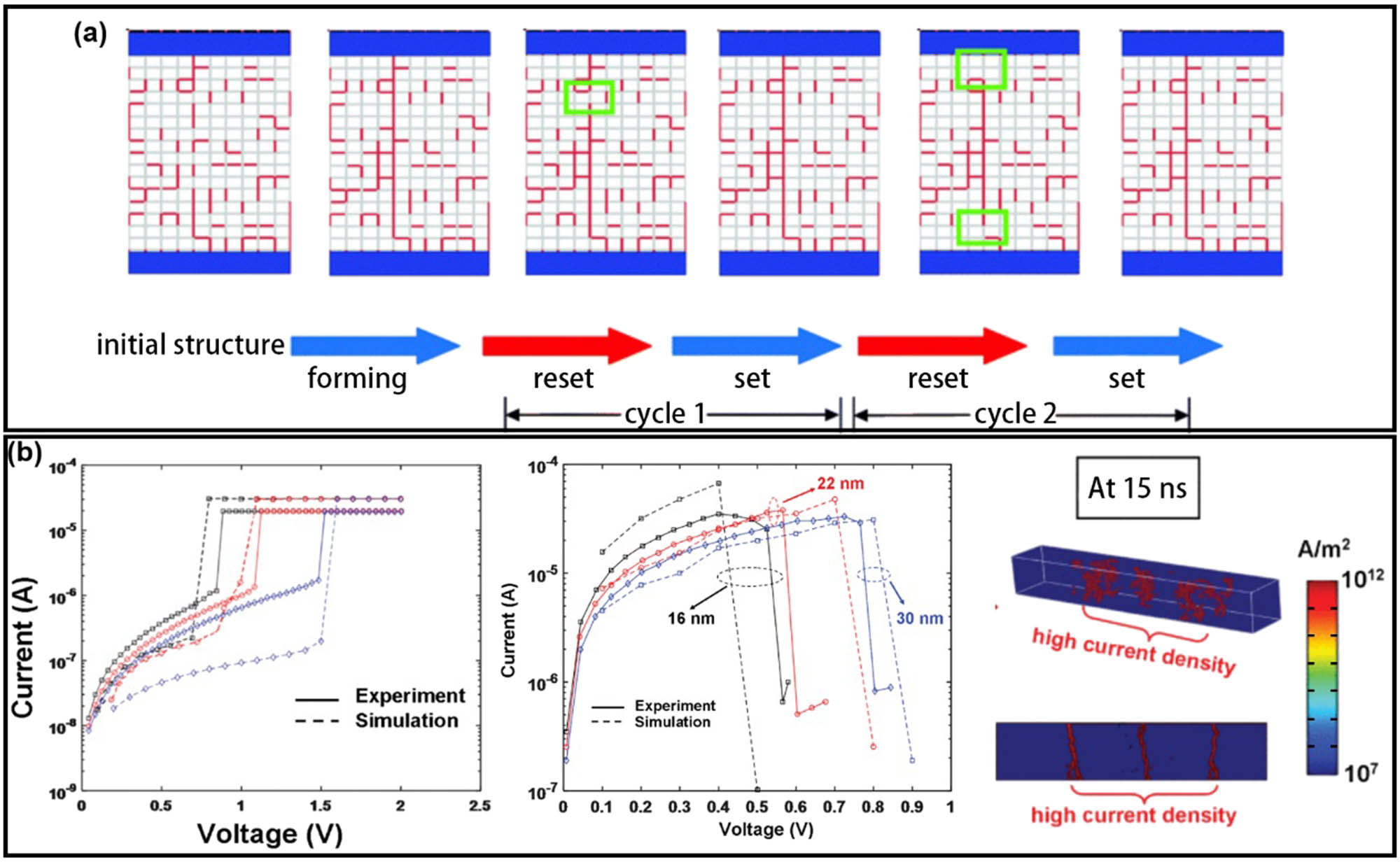 Figure 5 
               (a) Formation and breakage of conductive a-C filaments inside an a-C-based device for two successive cycles. Green rectangles indicate the locations where the breakage of a-C filaments occurred. (b) Measured and calculated “SET” (left) and “RESET” (middle) current for different a-C thicknesses, and simulated current density (right) inside the a-C layer. (a) and (b) are reprinted with permission from [50,51], respectively.
            