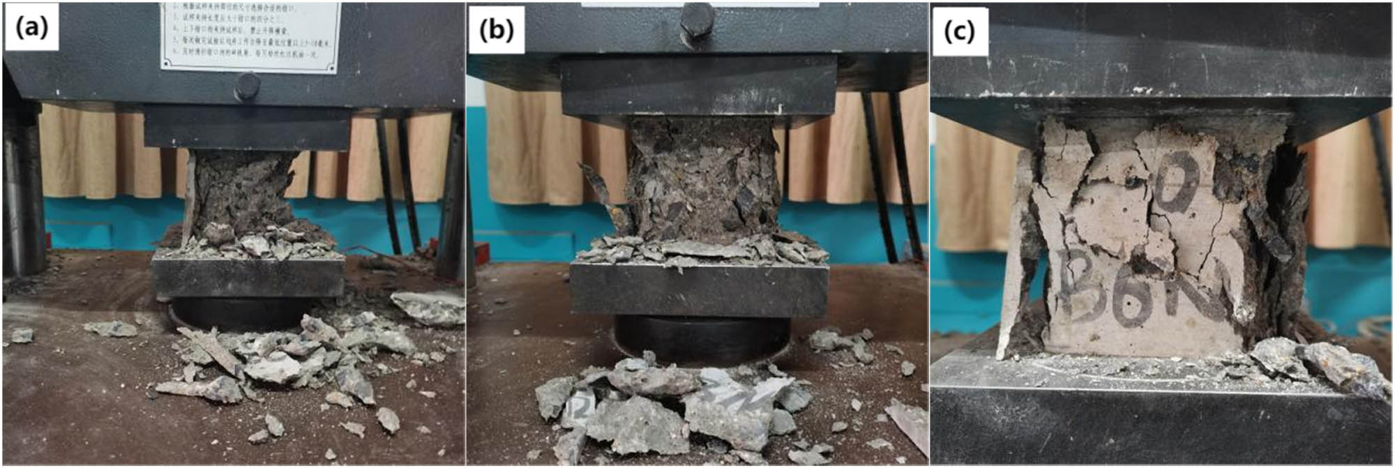 Figure 4 
                     Compressive failure mode for different BF contents: (a) RC, (b) B3N0, and (c) B6N0.
                  