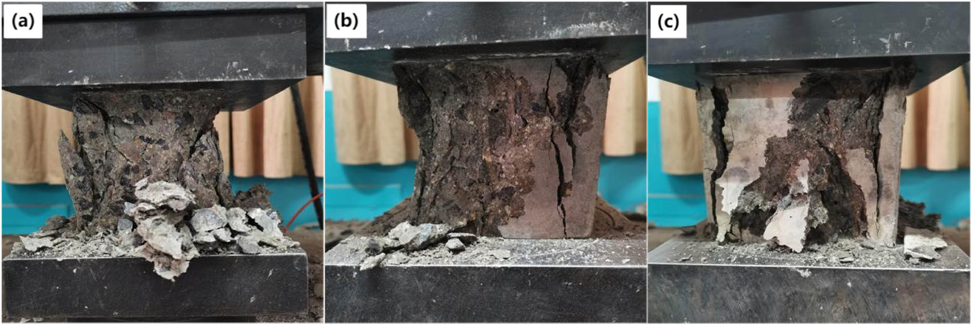 Figure 5 
                     Compressive failure mode for various NS contents: (a) RC, (b) B0N1, and (c) B0N2.
                  