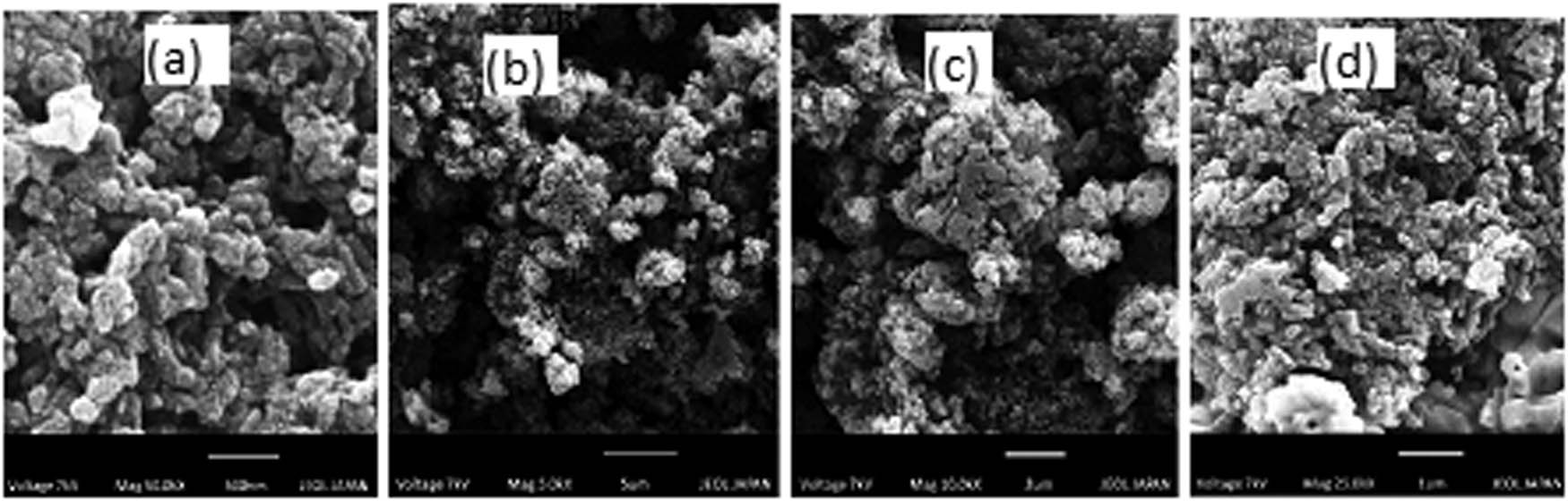 Figure 3 
                  SEM images of ZnO-rGO NCs: (a) 500 nm, (b) 5 µm, (c) 2 µm, and (d) 1 µm.
               
