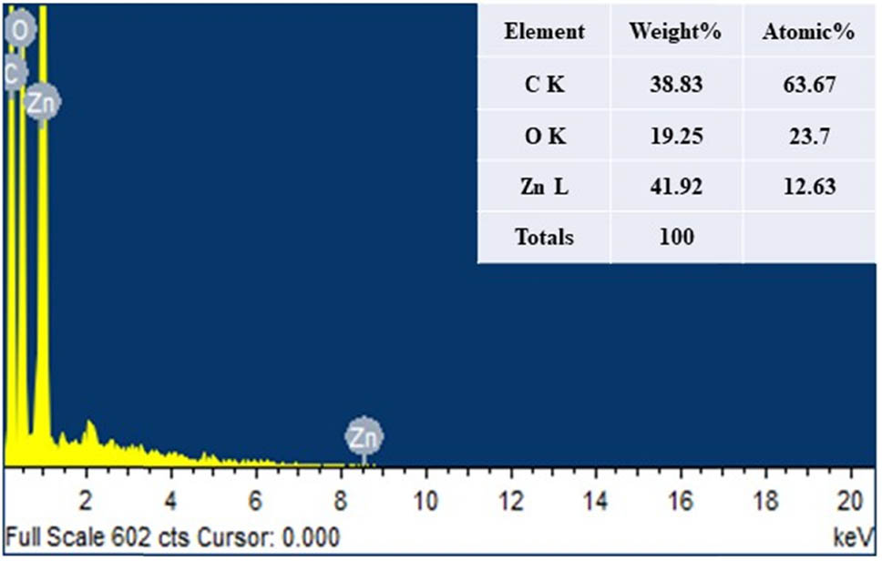Figure 5 
                  EDX analysis of mycogenic ZnONPs.
               