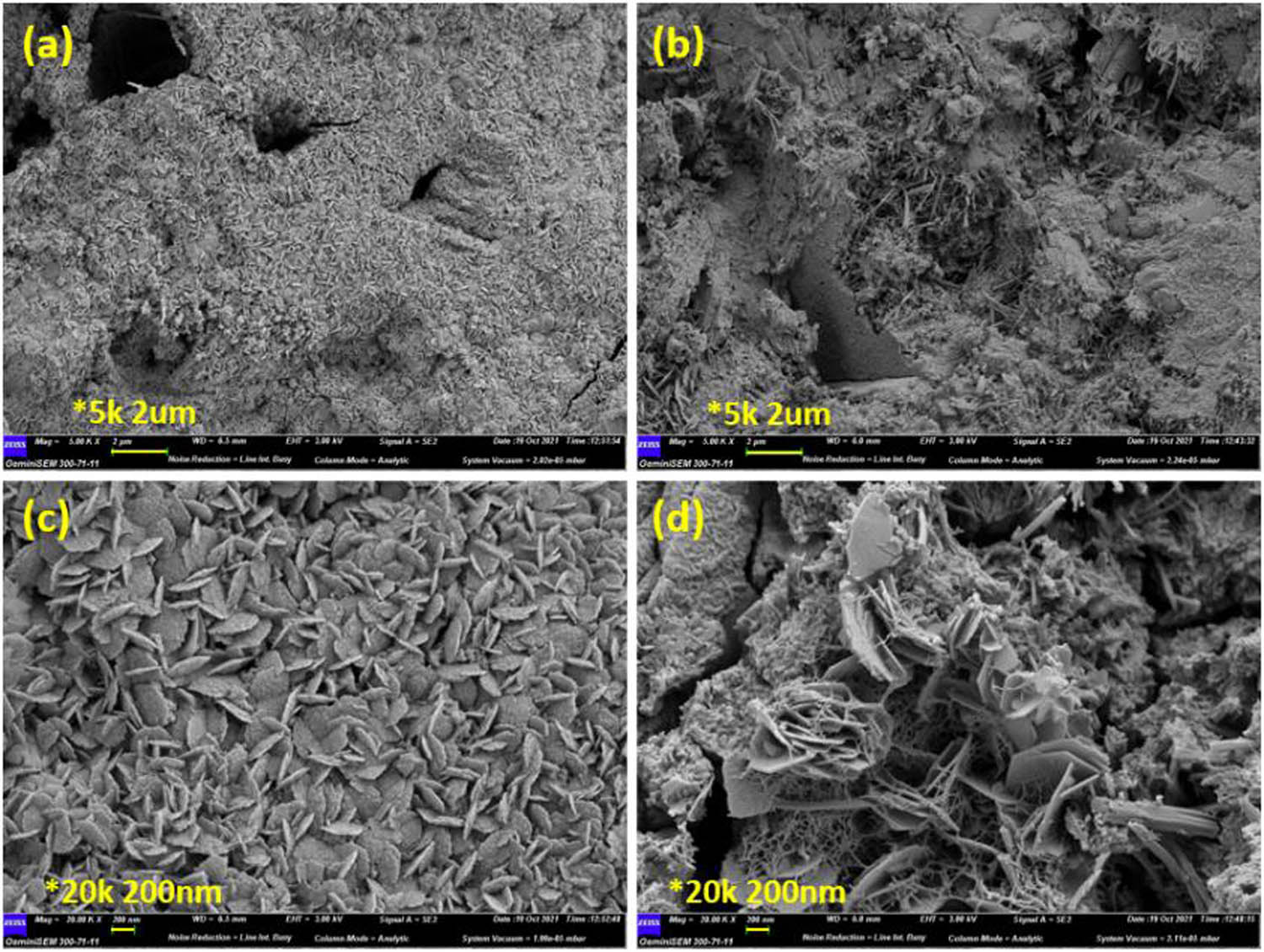 Figure 9 
                  SEM results of (a) 0.09 wt% GO-LCC paste and (b) control sample at the magnification of 5k times; and (c) 0.09 wt% GO-LCC paste and (d) control sample at the magnification of 20k times.
               