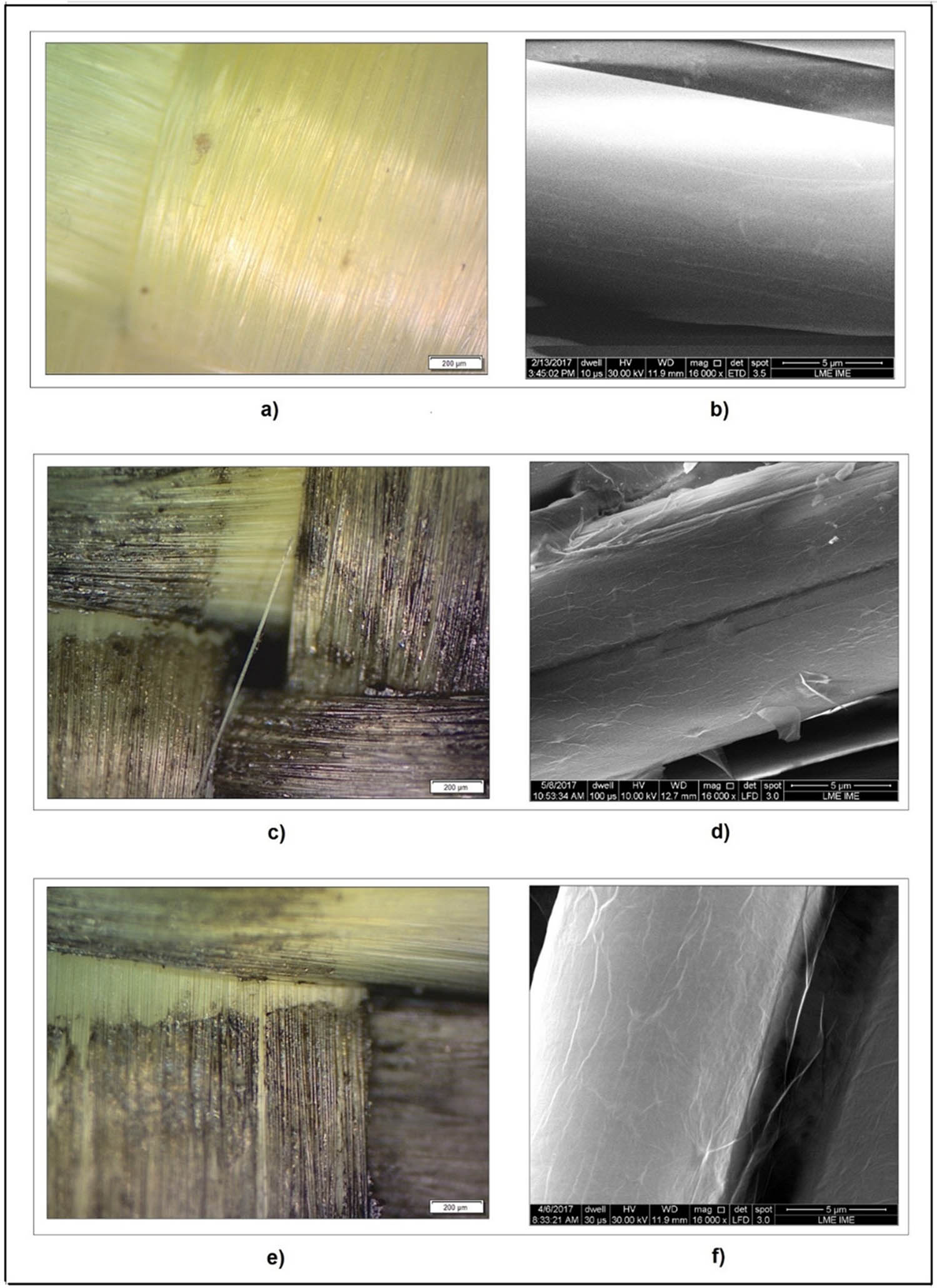 Figure 10 
                  (a) OM of neat aramid, (b) SEM of neat aramid, (c) OM of aramid+ GO (1), (d) SEM of aramid+ GO(1), (e) OM of aramid + GO(2), and (f) SEM of aramid + GO(2) [31].
               