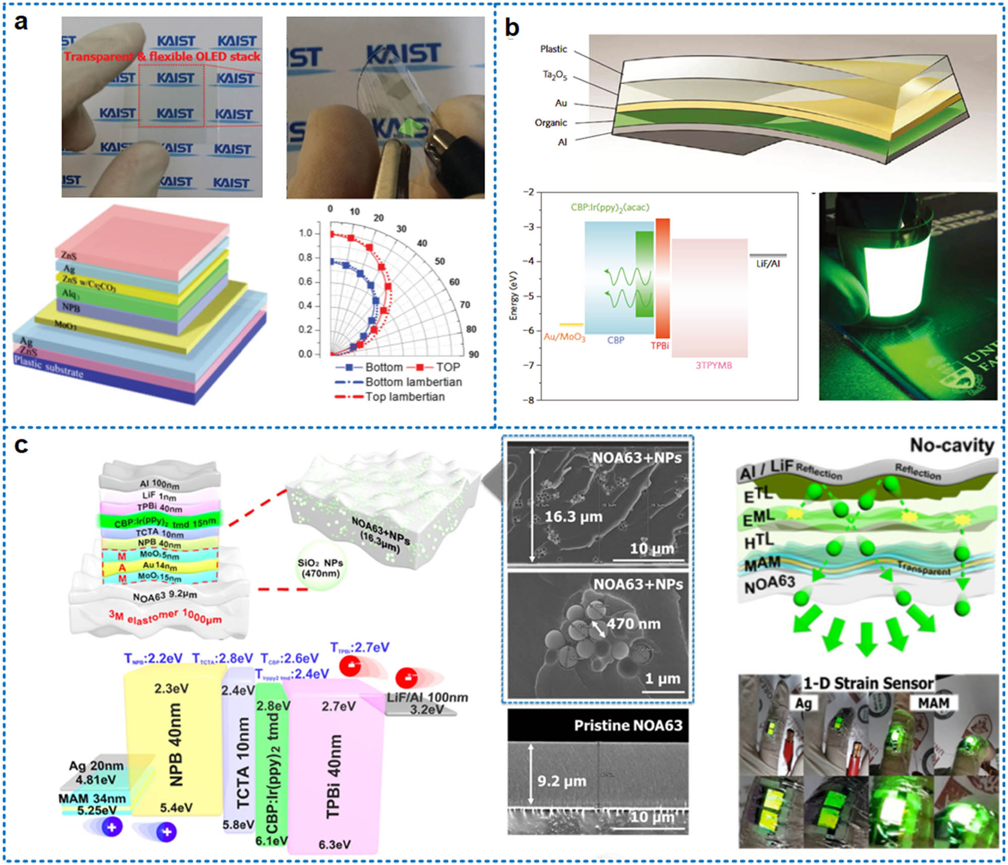 Figure 9 
                  (a) Photographs, schematic, and performance of highly transparent and flexible OLEDs: [14]; (b) device structure of the flexible OLED: schematic of the OLED device structure and energy-level diagram, the photograph of a large-area flexible OLED (50 mm × 50 mm) working at high luminance (＞5,000 cd/m2) [150]; (c) highly efficient, heat dissipating, stretchable OLEDs based on a MoO3/Au/MoO3 electrode with encapsulation [151].
               