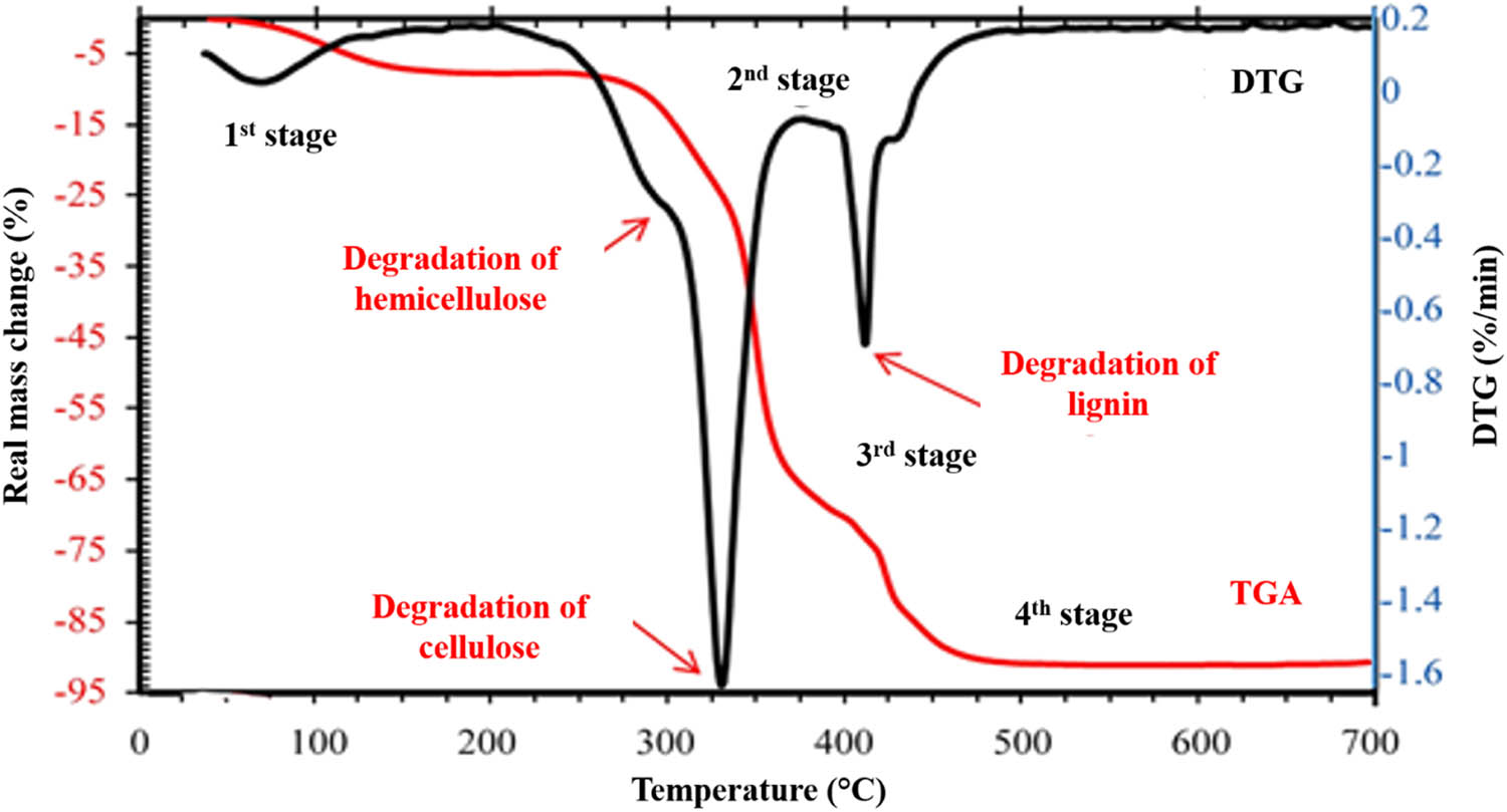 Figure 9 
               The combination curve of TG (red curve) and DTG (black curve) of cellulose bark of Cola lepidota. Reproduced form ref. [49].
            