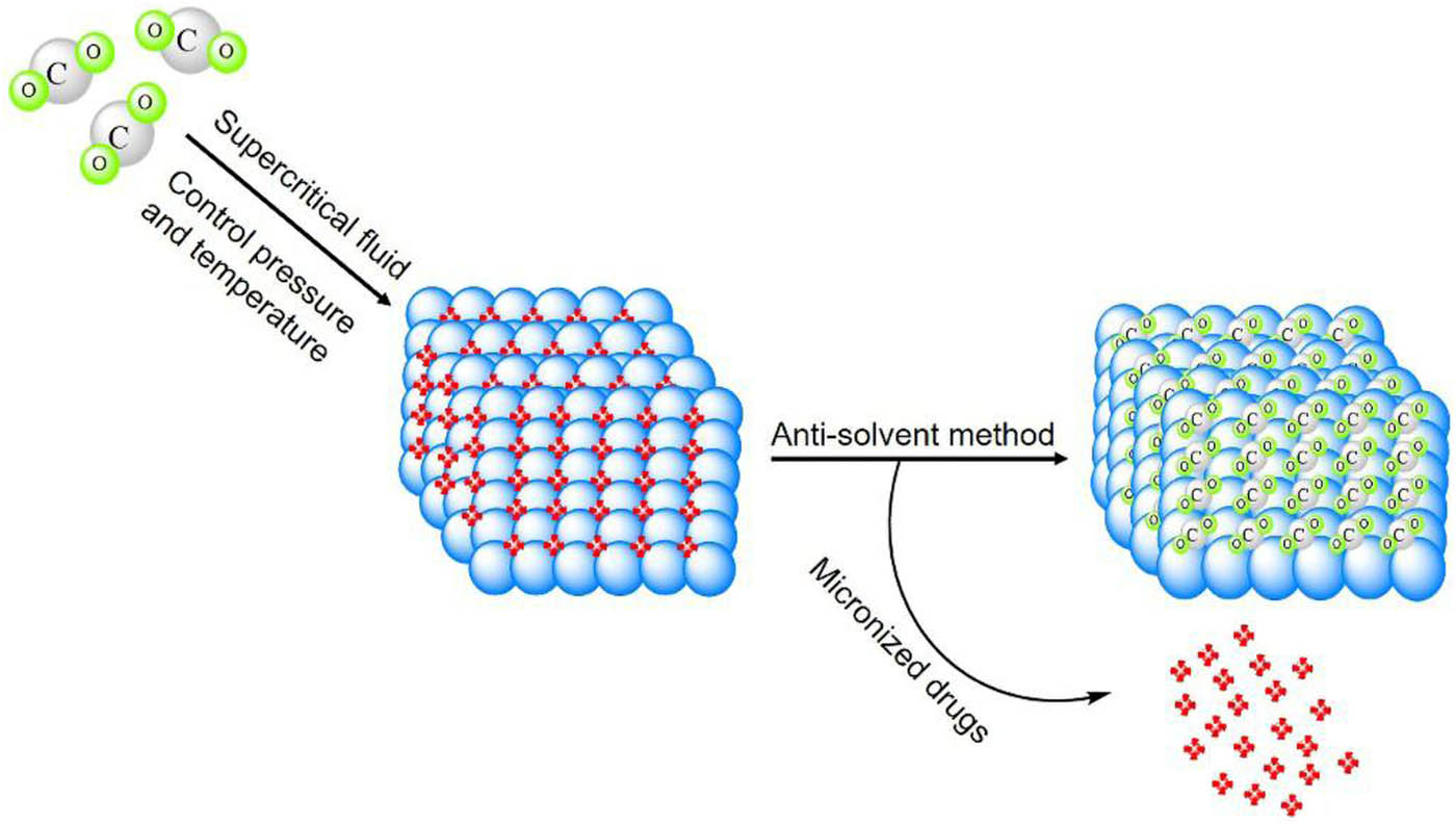 Figure 6
Schematic diagram of the preparation of target drugs by anti-solvent method in supercritical fluid micronization technology.