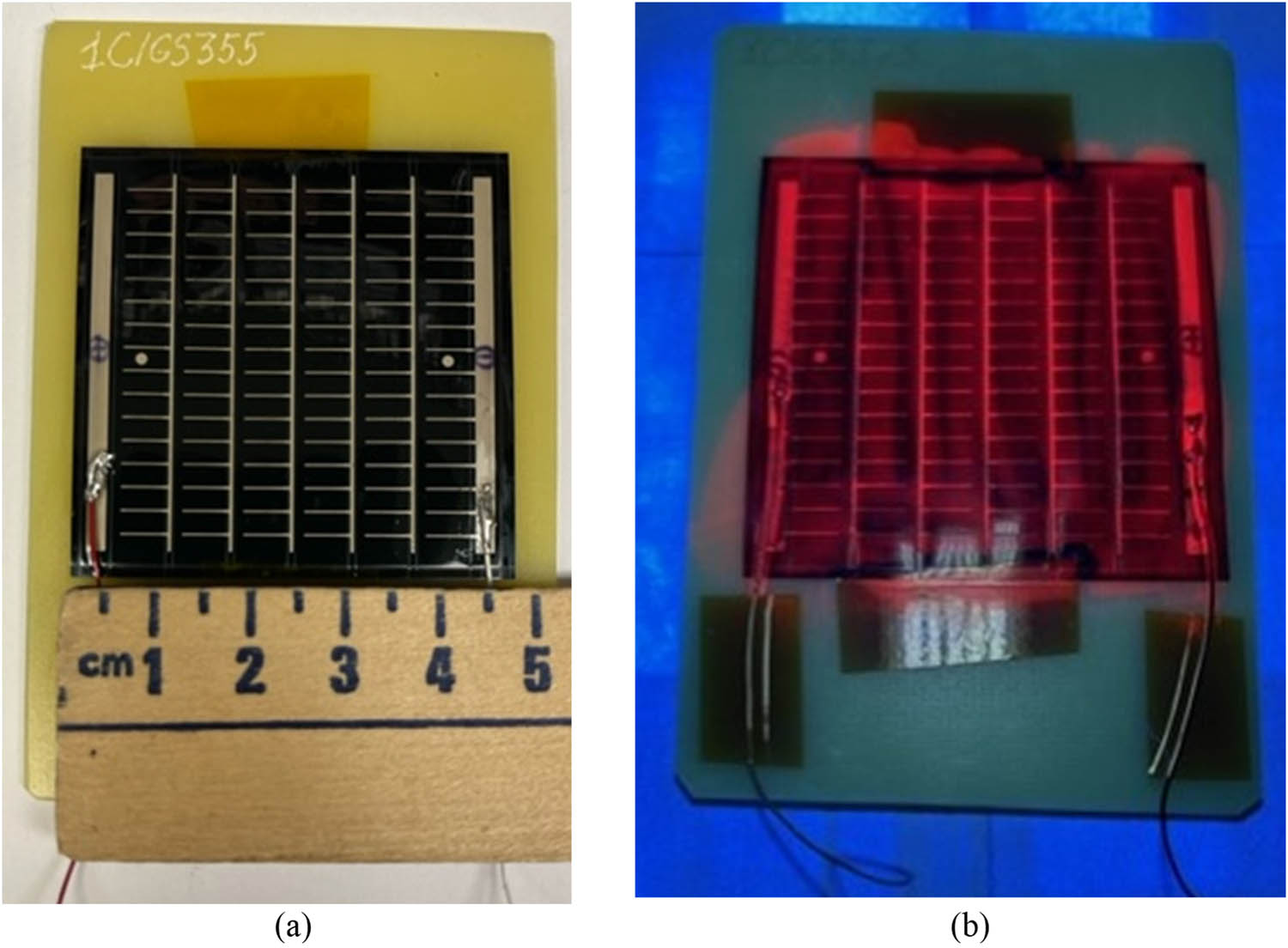 Figure 16 
                  (a) General view of a CIGS cell coated with SCL. (b) The same cell illuminated with UV light from a 365 nm UV LED. Red PL was produced by the SCL.
               