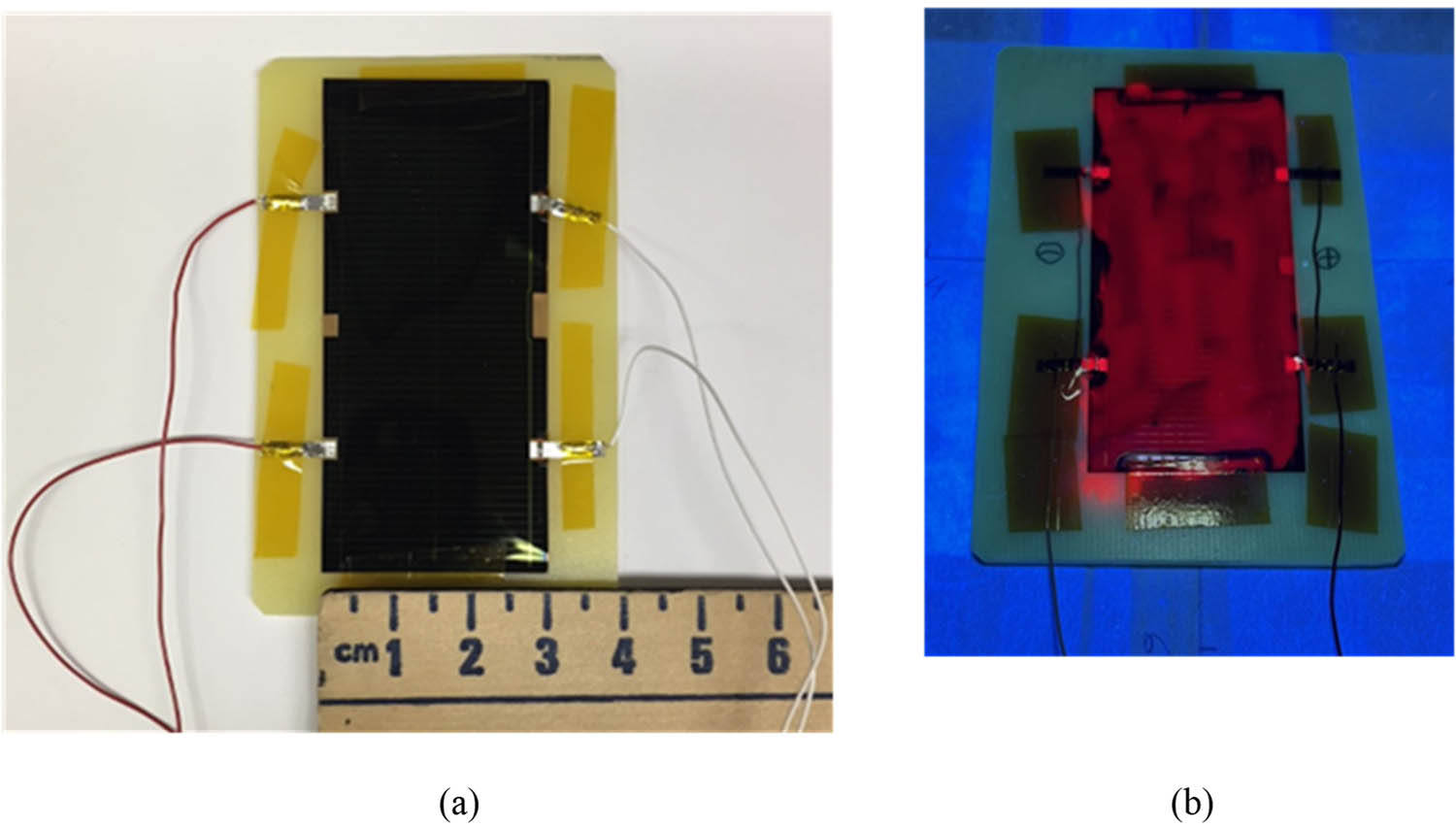 Figure 21 
                  (a) General view of a bare IMM cell from MicroLink; (b) an SCL-coated IMM cell illuminated with a 365 nm UV LED. Red PL in (b) was produced by the SCL.
               