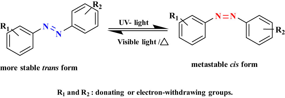 Figure 9 
                     The typical trans/cis photoisomerization of AZBs.
                  