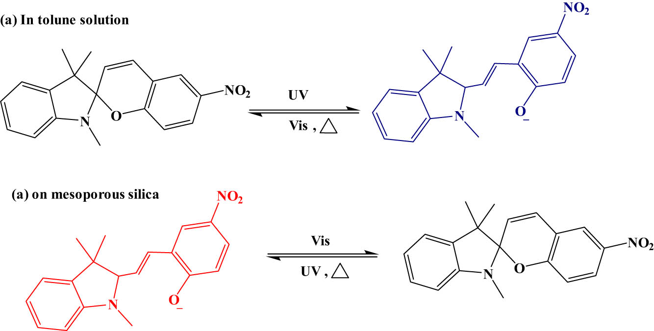 Figure 27 
                  SP photochromism in toluene solution (a) and mesoporous silica (b). Adapted from ref. [116] with permission. Copyright 2019 Royal Society of Chemistry.
               