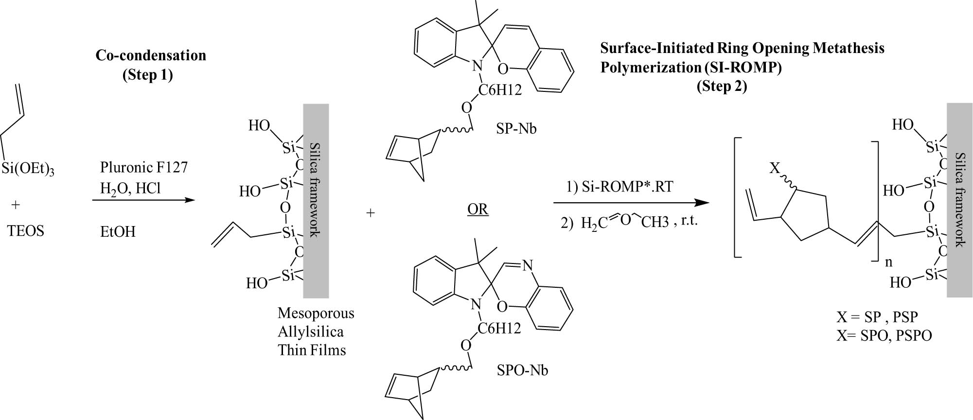 Scheme 22 
                        Synthetic strategy of the photochromic SP and SO homopolymers in mesoporous thin films by SI-ROMP. Adapted from ref. [52] with permission. Copyright 2016 Royal Society of Chemistry.
                     
