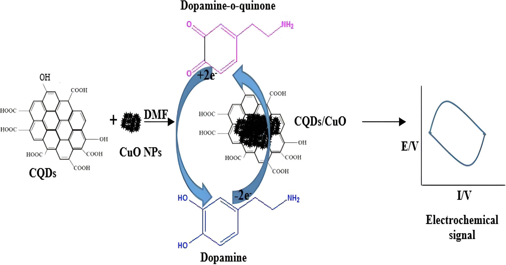 Figure 15 
                     Preparation of CQDs/CuO nanocomposites from pencil graphite precursor [96].
                  