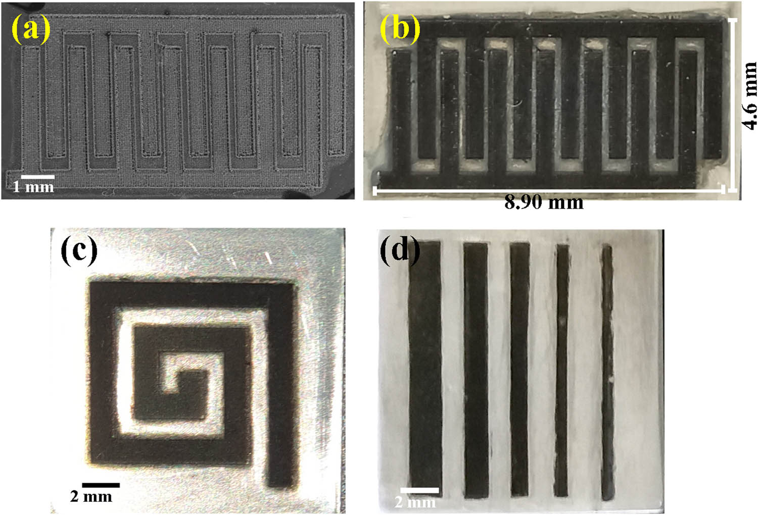 Figure 9
SEM (a) and optical (b) images of selective-PPy surface patterning like interdigitated electrode arrays. Optical images of different neat and clean arrays from the patterned-PPy/Ti surface (c) and (d).
