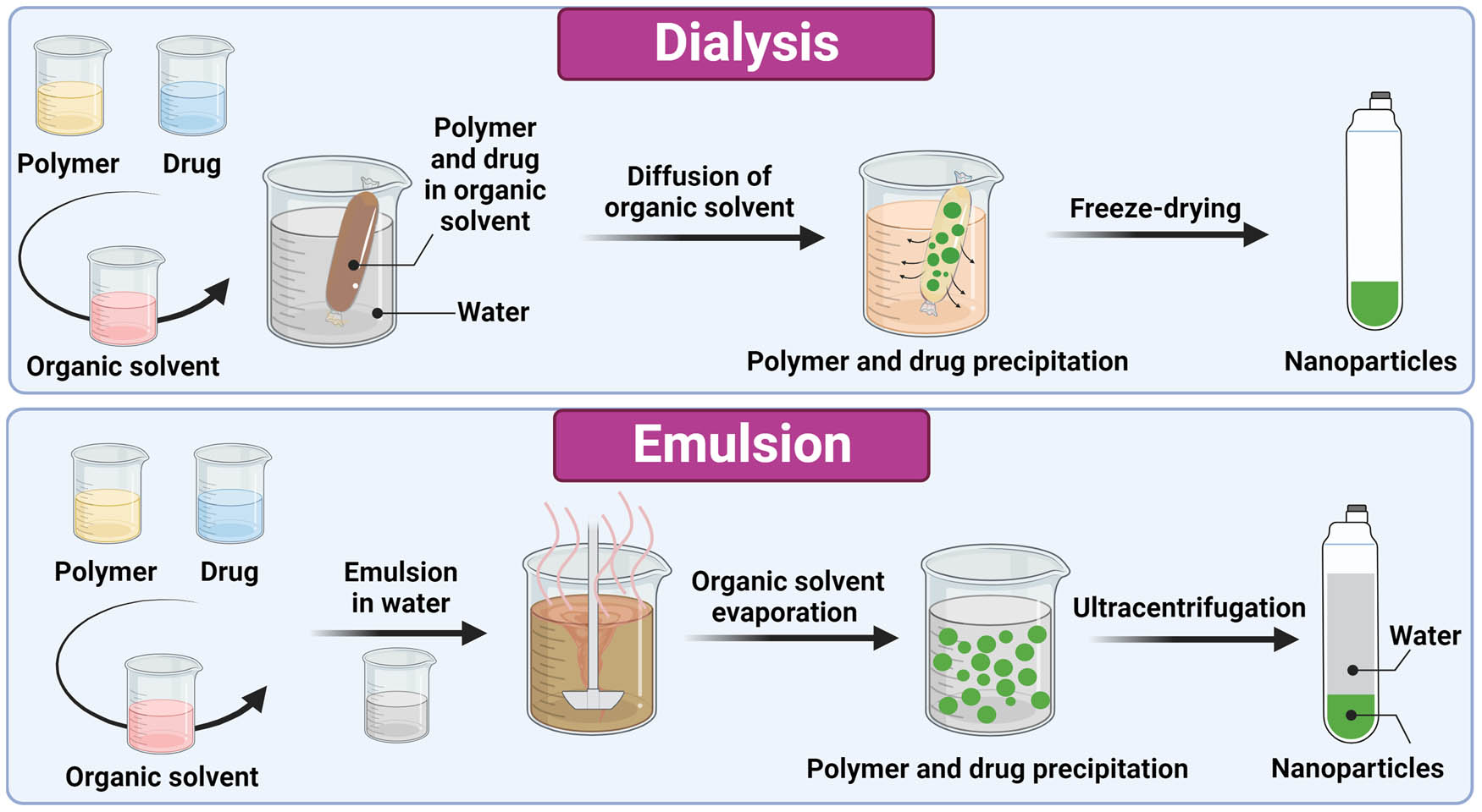 Figure 3 
                     Schematic representation of the preparation process of nanoparticles with dialysis and emulsion methods (solvent evaporation and single emulsion). The image was created with Biorender.com.
                  