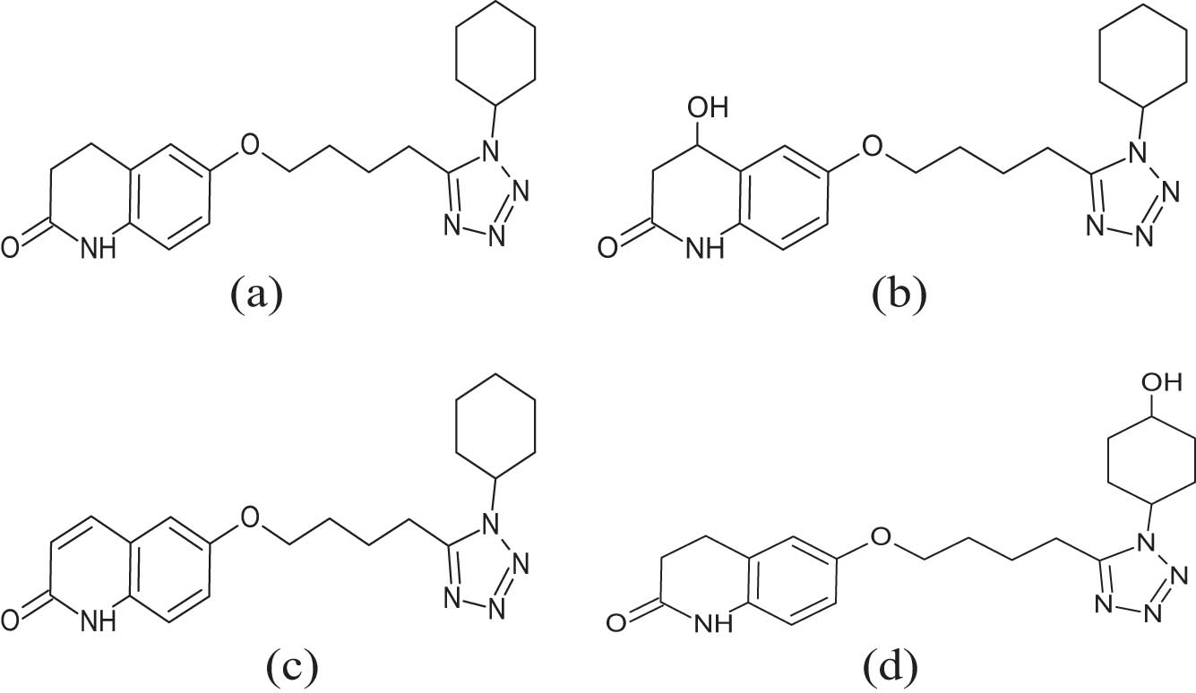 Figure 1 
               Cilostazol structure and its metabolites: (a) cilostazol, (b) 4-hydroxy cilostazol, (c) 3,4-dehydro cilostazol, and (d) cyclohexan-4′-ol cilostazol.
            