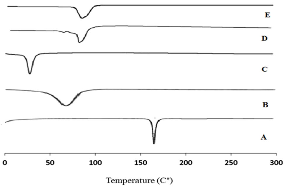 Figure 7 
                  DSC thermograms of (A) CLZ, (B) cholesterol, (C) Span 60, (D) nonloaded drug niosomes, and (E) CLZ-loaded niosomal formulation (F10).
               