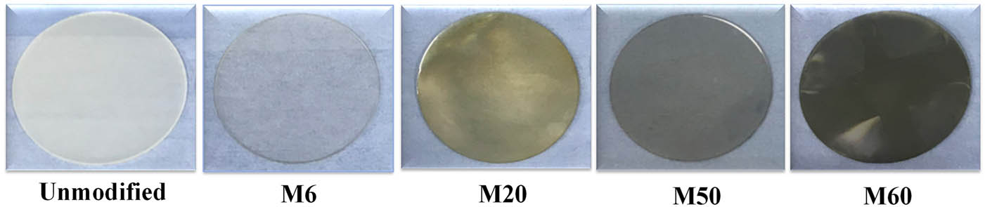 Figure 5 
                  Surface color structure of unmodified and modified EP insulations under varied energy ion beams.
               