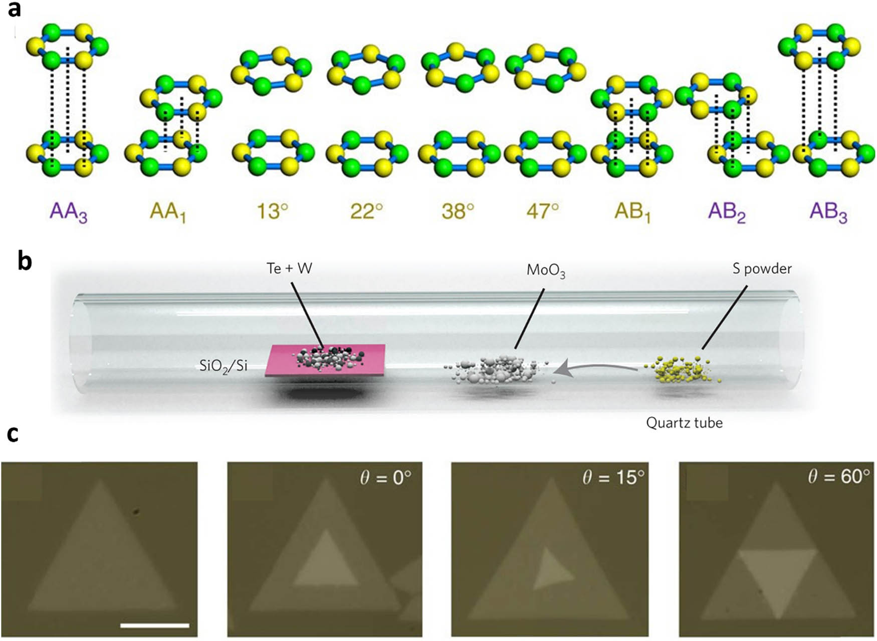 Figure 3 
                  Representative works of one-step CVD method. (a) Schematics of MoS2 bilayers with AA, AB, and different twisted configurations. Mo atoms are shown as green spheres; two S atoms of the same horizontal position are presented by one yellow sphere. (b) Schematic illustration of the synthesis process of MoS2/WS2 heterostructures. (c) Optical microscope images of monolayer and twisted bilayers MoS2 with different twisted angles. The figure is reproduced with the permission of (a) and (c) Ref. [75], © 2014 Nature Publishing Group, (b) Ref. [97], © 2014 Nature Publishing Group.
               