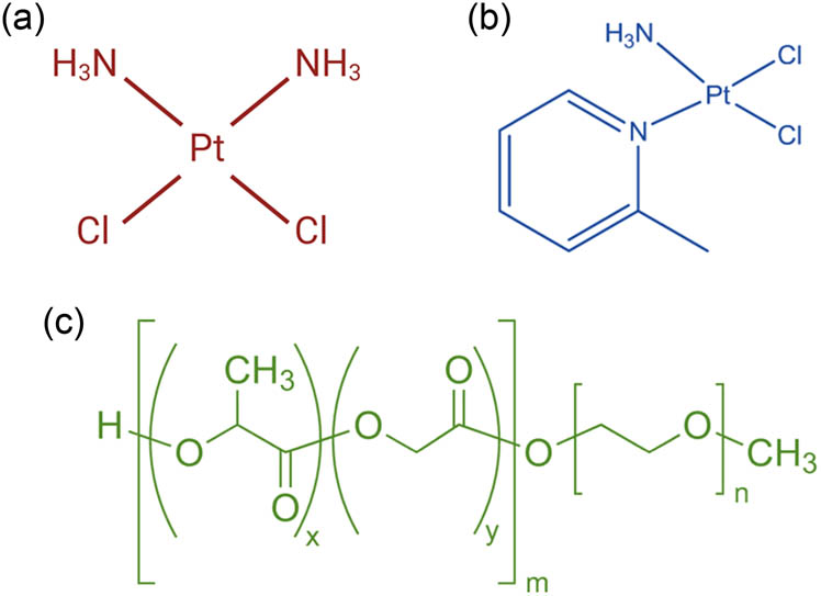 Scheme 1 
               Chemical structures of (a) cisplatin, (b) Pc, and (c) PEG-PLGA.
            