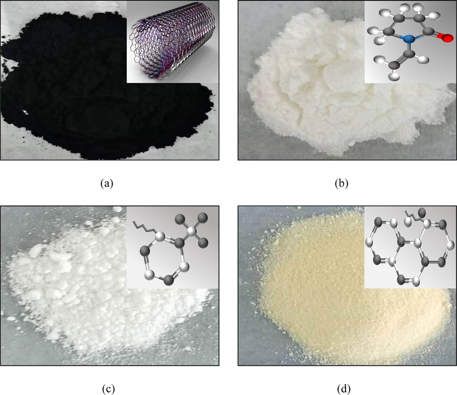 Figure 1
MWCNTs and dispersants. (a) MWCNTs, (b) PVP, (c) SDBS, and (d) GA.
