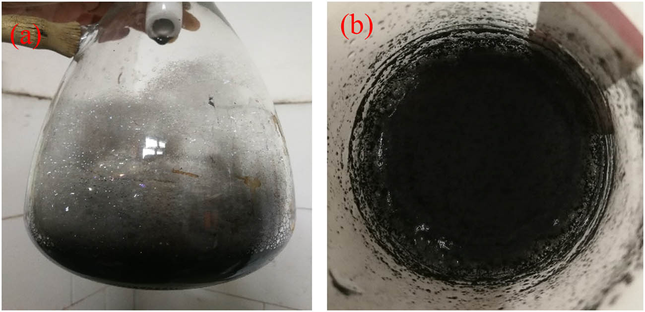 Figure 10
Foaming in the SDBS suspension during the filtration and ultrasonication process: (a) filtration and (b) ultrasonication.