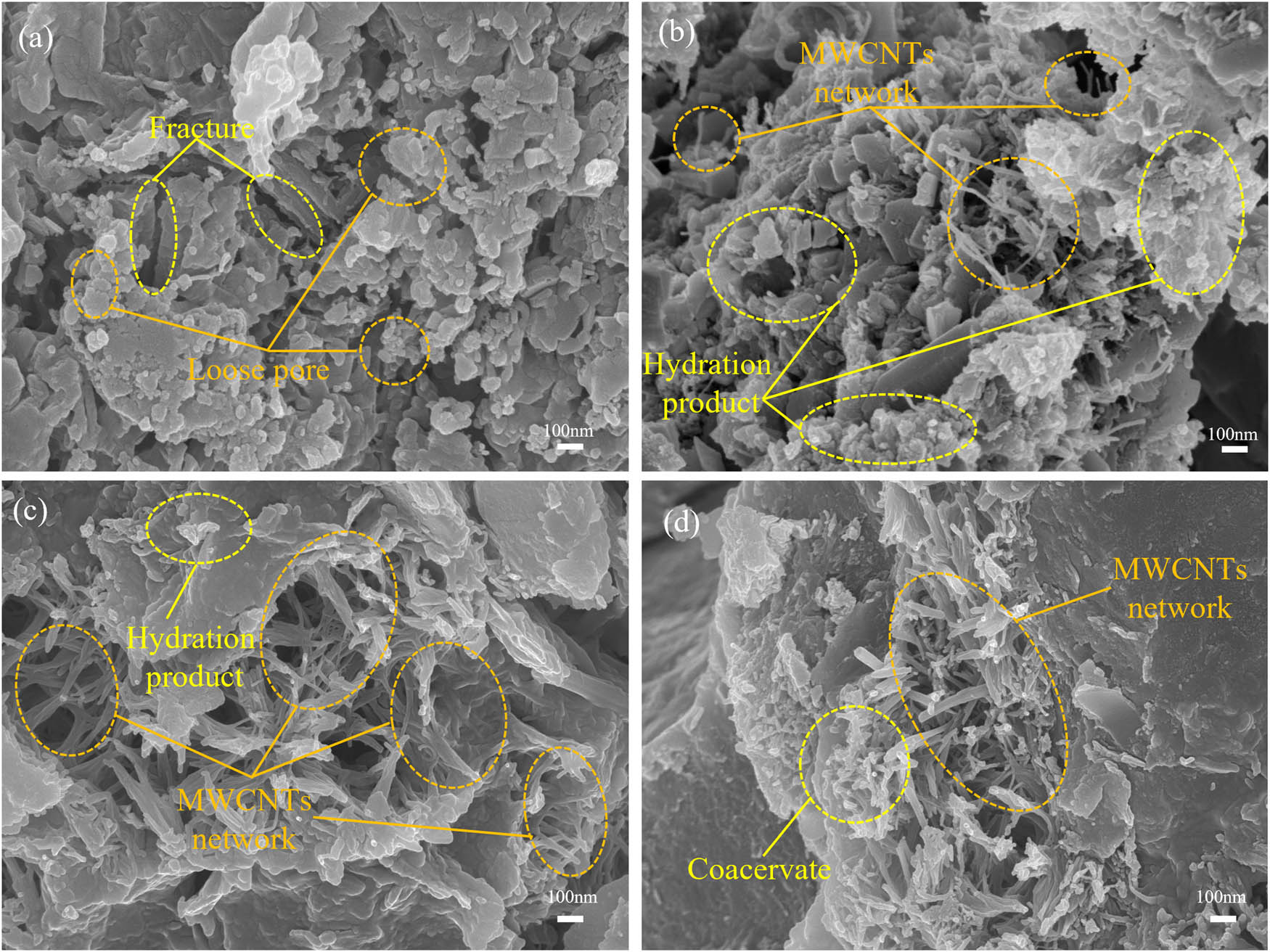 Figure 17
Microstructure of concrete with different CNT contents: (a) 0, (b) 0.05%, (c) 0.10%, and (d) 0.30%.
