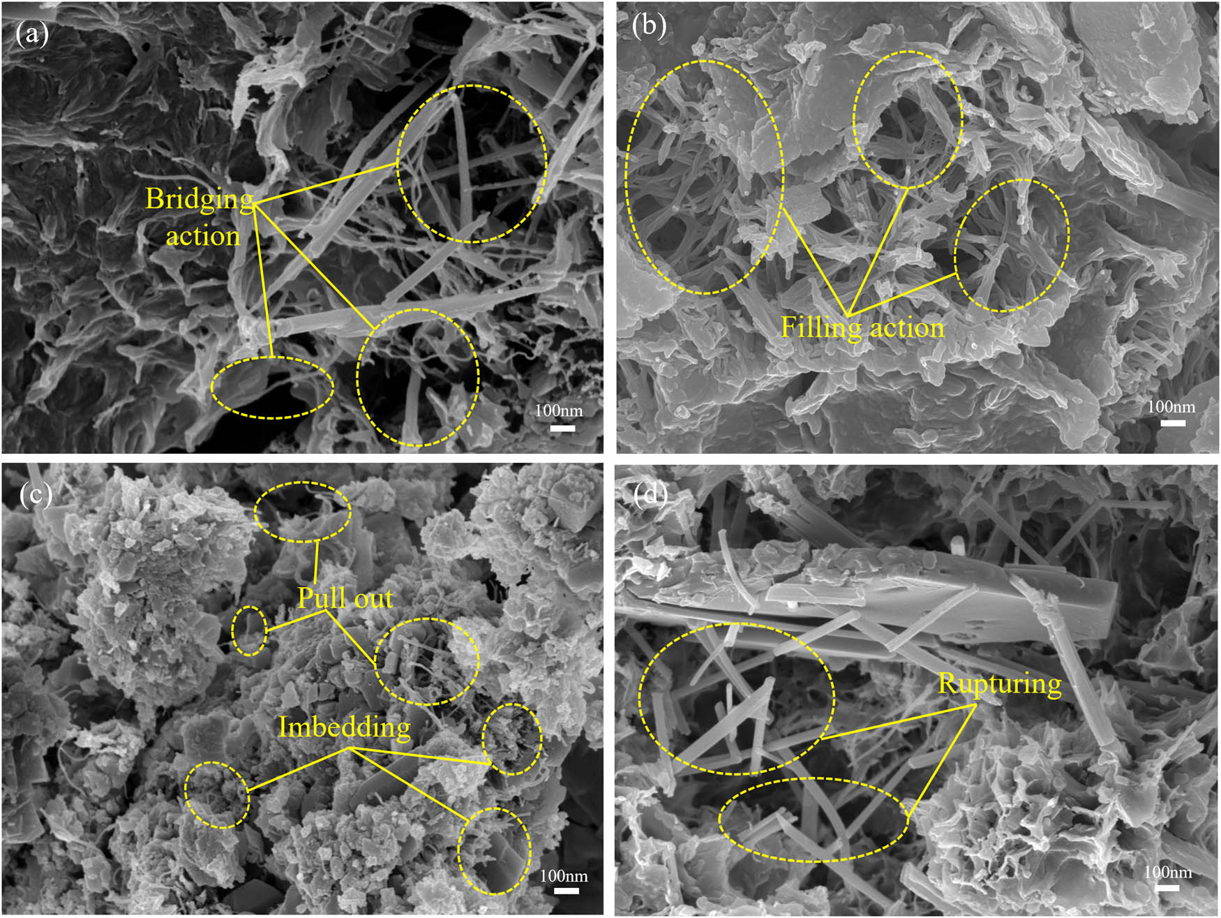 Figure 18
Improvement mechanism of the mechanical properties of CNTC: (a) bridging, (b) filling, (c) embedding and pull out, and (d) fracture.