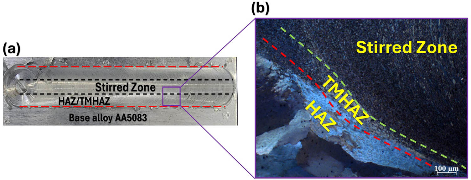 Figure 3 
                  Microstructural zones in FSP. (a) Illustration of the microstructure zones in the FSP sample. (b) Typical image of the microstructure zones with the main three zones: the HAZ, the TMHAZ, and the SZ are the core region directly affected by the FSP tool.
               