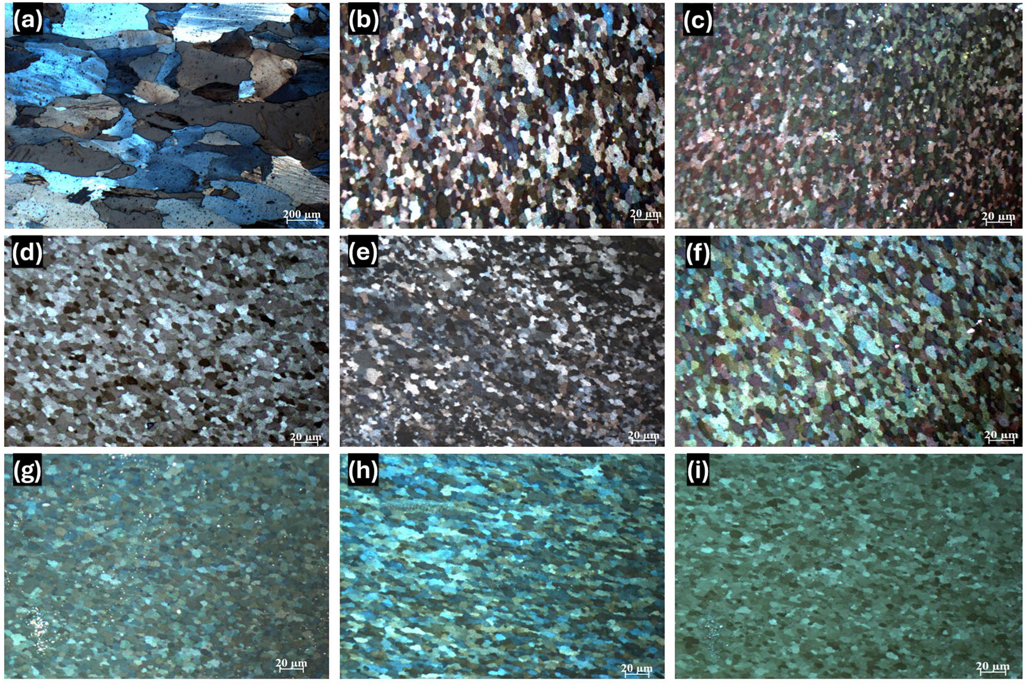 Figure 4 
                  Optical microstructural images of the samples (a) AA5083 base alloy; the images inside the SZ, (b) FSPed AA5083, (c) AA5083/Ti3SiC2, (d) AA5083/G, (e) AA5083/CNTs, (f) AA5083/SiN, (g) AA5083/Ti3SiC2+G, (h) AA5083/Ti3SiC2+CNTs, and (i) AA5083/Ti3SiC2+SiN.
               