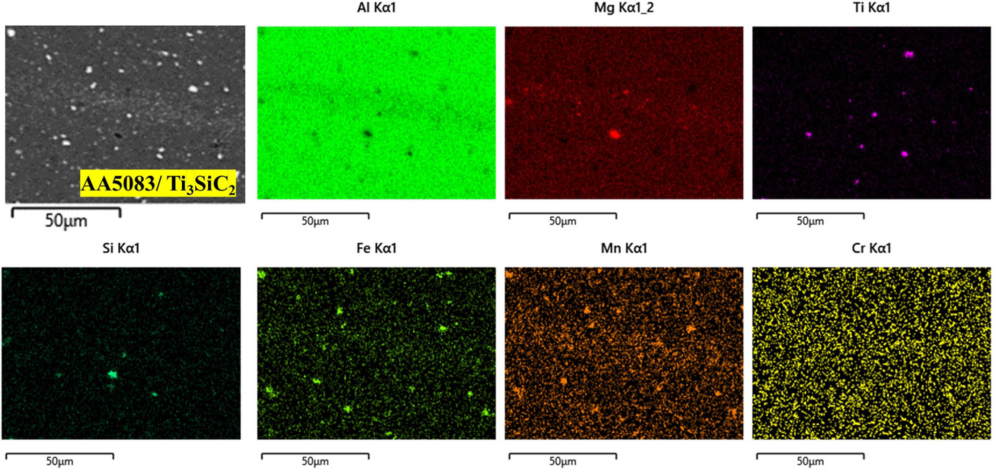 Figure 8 
                  SEM images of the elemental mapping taken inside the SZ for the single composite AA5083/Ti3SiC2.
               