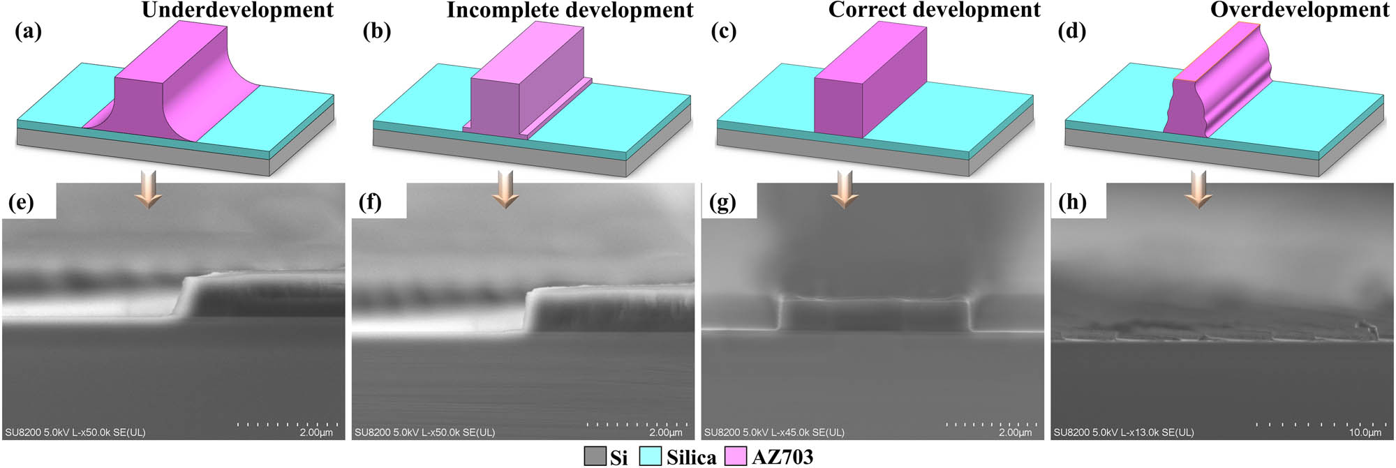 Figure 2 
                  Photoresist development issues. (a) and (e) Schematic diagram and SEM image of photoresist underdevelopment, (b) and (f) schematic diagram and SEM image of incomplete photoresist development, (c) and (g) schematic diagram and SEM image of correct photoresist development, and (d) and (h) schematic diagram and SEM image of photoresist overdevelopment.
               