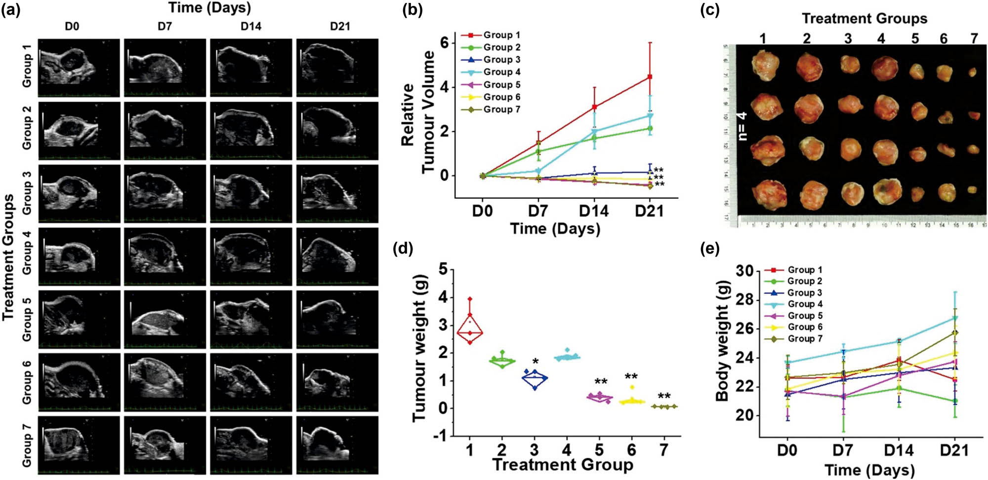 Figure 4 
                     (a) Representative ultrasound images of tumors from all groups captured every 7 days for 21 days. (b) Tumor relative growth regression curve. (c) Comparison of tumor tissues in each treatment group. (d) Comparative analysis of tumor and mouse weight (e) among the treatment groups. Detailed information for each treatment group: (1) untreated, (2) DOX, (3) silk@DOX hydrogel, (4) silk@SWCNT-FA/DOX without stimulation, (5) silk@SWCNT-FA/DOX with NIR laser irradiation, (6) silk@SWCNT-FA/DOX with electric field, and (7) silk@SWCNT-FA/DOX with both NIR light and electric field stimulation. Reproduced with permission [102]. Copyright © 2020, ACS Applied Materials & Interfaces.
                  