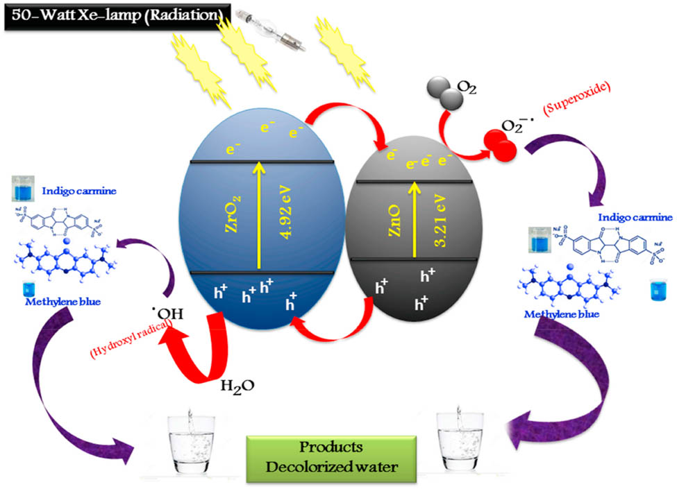 Figure 12 
                  Photocatalytic degradation diagram of MB and indigo carmine dyes in the presence of ZrO2/ZnO.
               