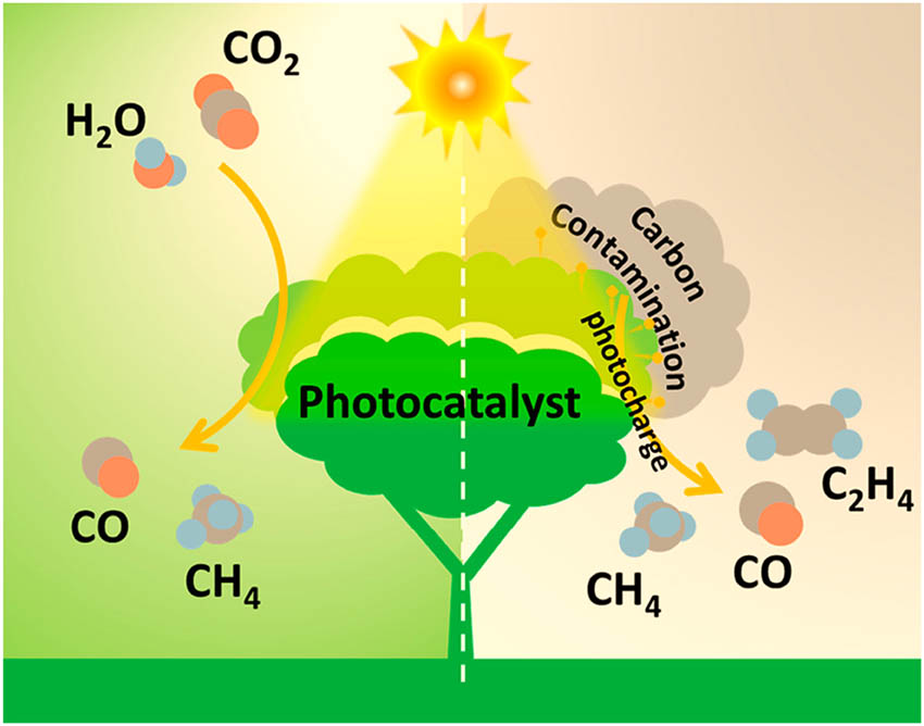 Figure 13 
                  Artificial photosynthesis scheme for the CO2 reduction on photocatalysts (left side) and the conversion of absorbed carbon contaminations by the photogenerated charges on Photocatalysts (right side).
               