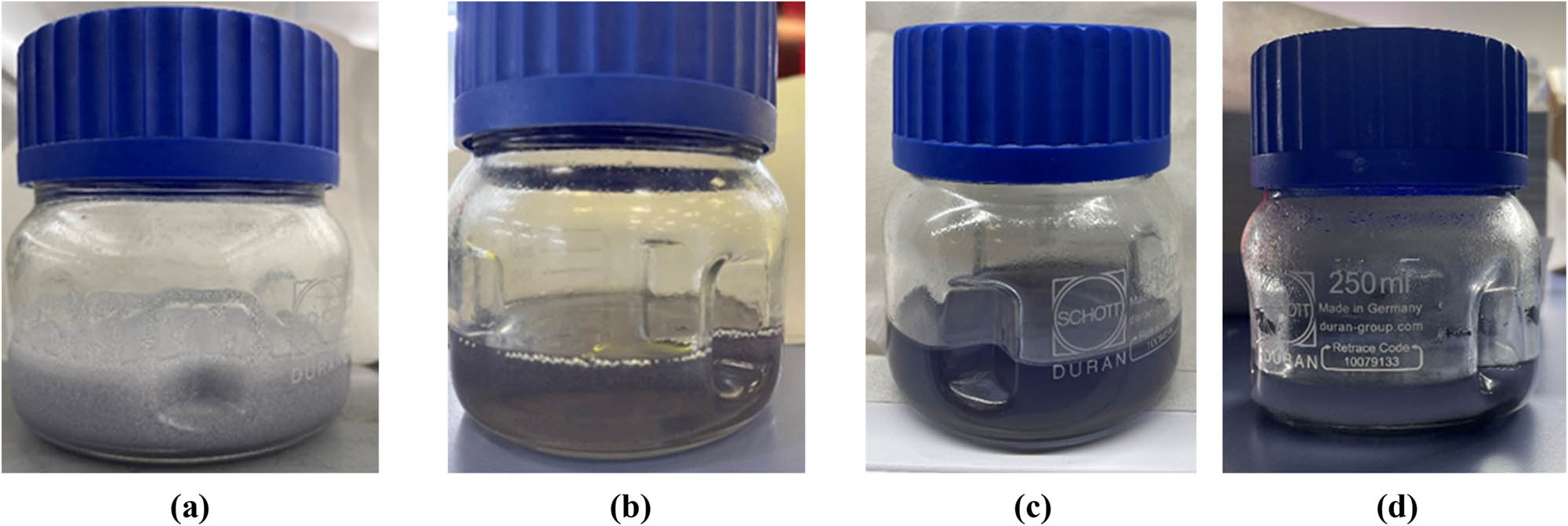 Figure 1 
                  PMMA resin/1% Mg: (a) after stirring, (b) after 2 h, (c) after 4 h, and (d) after 8 h.
               