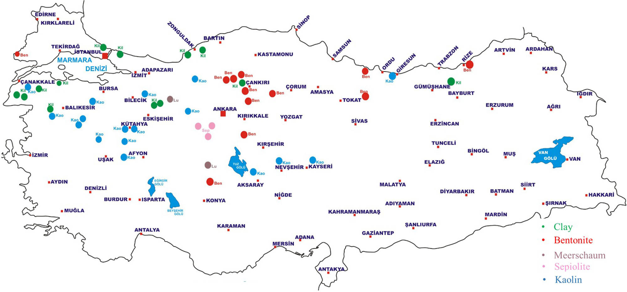 Figure 1 
                     Clay deposits map in Turkey [46].
                  