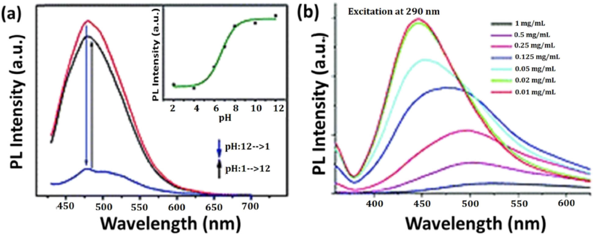 Figure 3 
                  (a) pH-dependent PL spectra of the GQDs. The inset illustrates the relationship between PL intensity and pH, ranging from 12 to 1 [102]. (b) Change in photoluminescent intensity with varied concentrations [103].
               