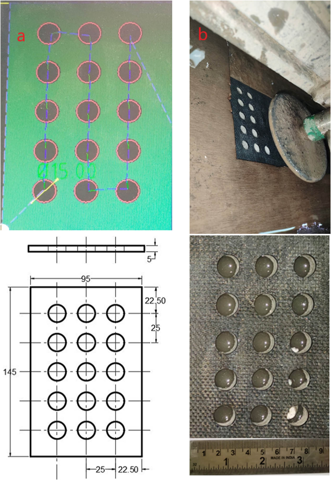 Figure 2 
                  Machining (a) CAD design path, (b) machined holes in the composites.
               