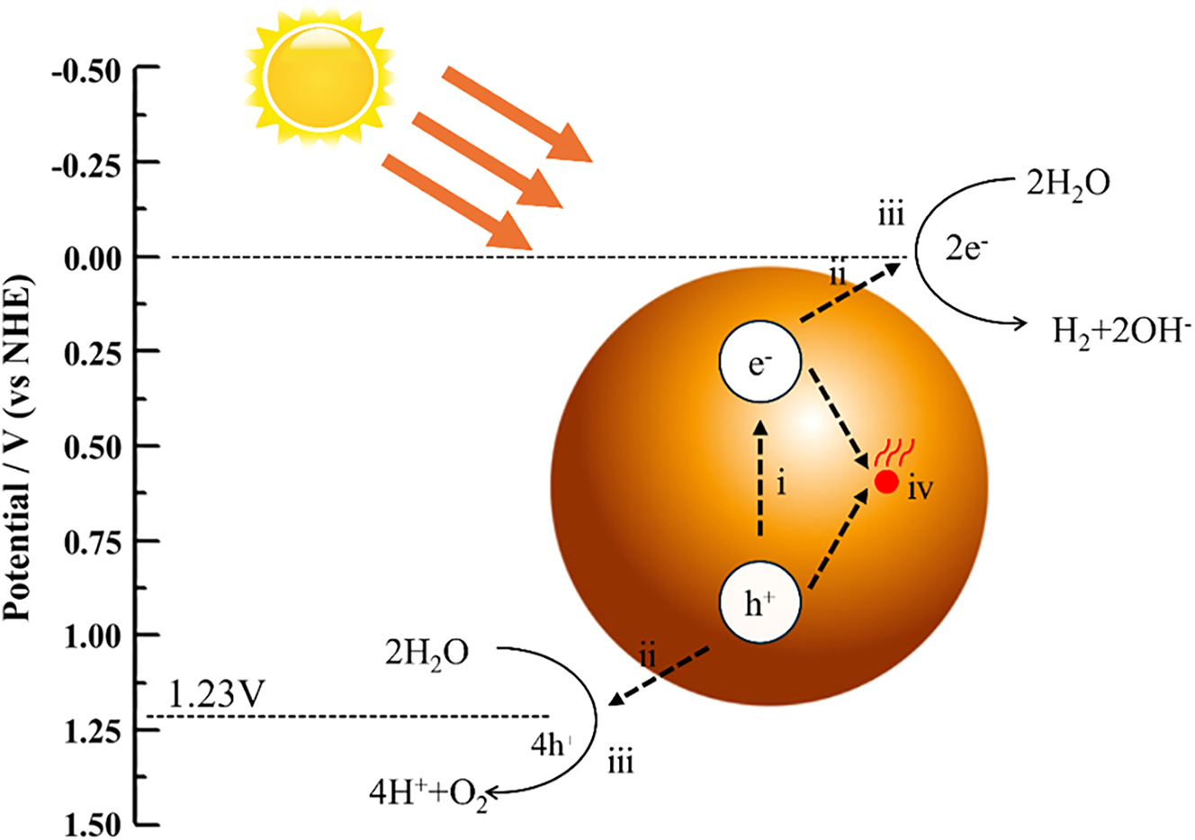 Figure 3: 
Schematic diagram of the photocatalytic degradation of pollutants. The figure shows the basic mechanism of photocatalysis. Photons with sufficient energy hit the surface of the photocatalyst and push electrons from the valence band to the conduction band, thus leaving behind positively charged holes. These electron–hole pairs react with water and oxygen in the environment to form active free radicals that decompose organic and inorganic pollutants.
