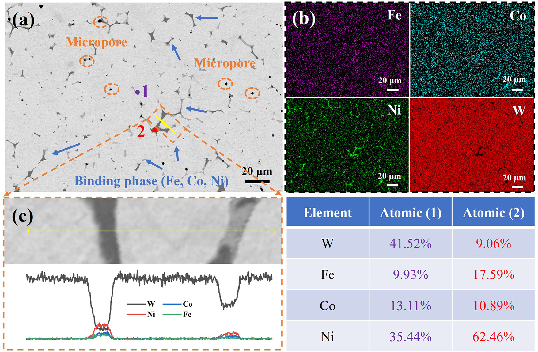 Figure 4: 
(a) SEM image of S-A, (b) element distribution, and (c) line scan.

