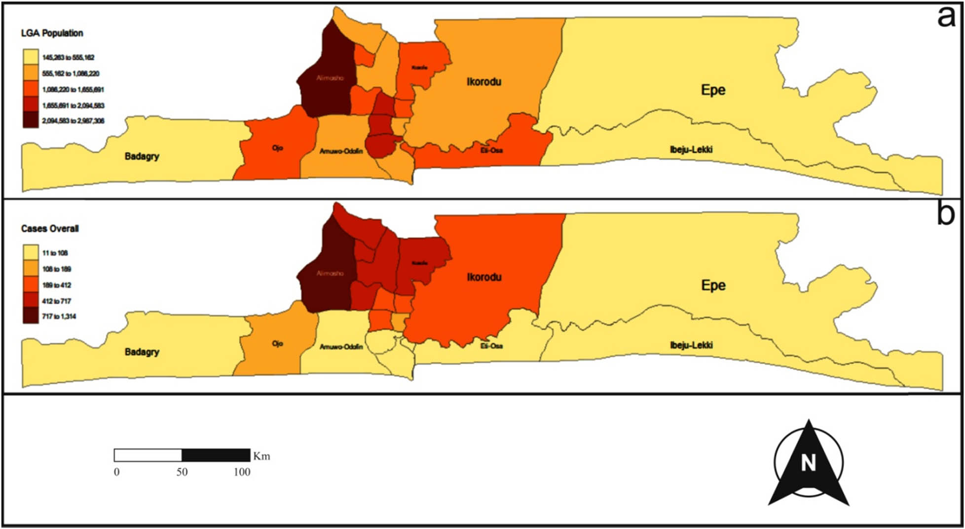 Figure 1 
               (a) The year 2018 population distribution map of the 20 LGAs of Lagos State, and (b) the map of the distribution of diagnosed CVD cases (2008–2018) in Lagos State.
            
