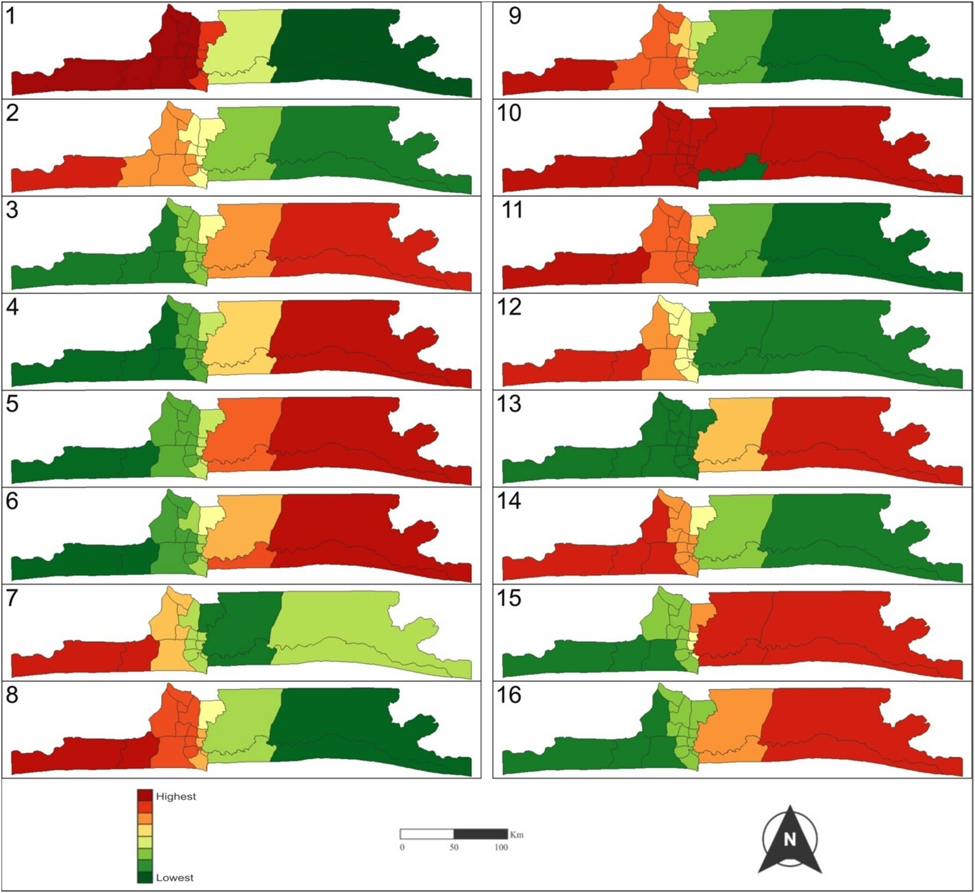 Figure 2 
               Maps of the variation of the coefficient of the predictors of diagnosed CVD cases (2008–2018) in Lagos State. Variables: (1) female gender, (2) male gender, (3) age 40s, (4) age 70s, (5) age 20s, (6) age 30s, (7) transport sector, (8) accounting profession, (9) fashion profession, (10) built-up area, (11) drug abuse, (12) past heart disease, (13) maritime profession, (14) Yoruba ethnicity, (15) age adolescent, and (16) manufacturing profession.
            