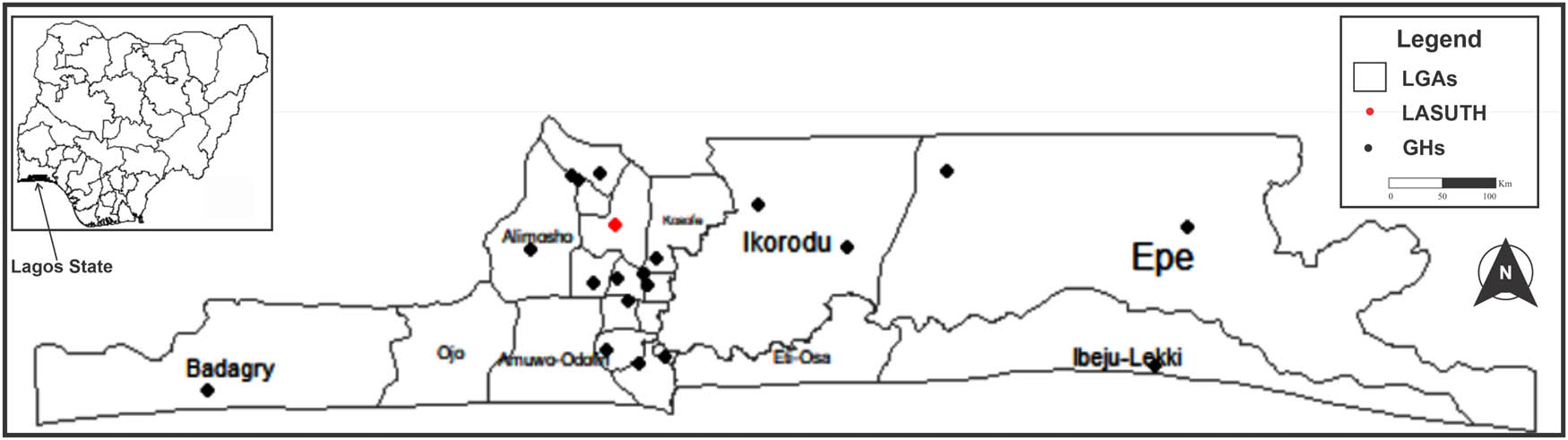 Figure 1 
                  Map of Lagos State showing LGAs, the LASUTH, and GHs. Source: Authors.
               