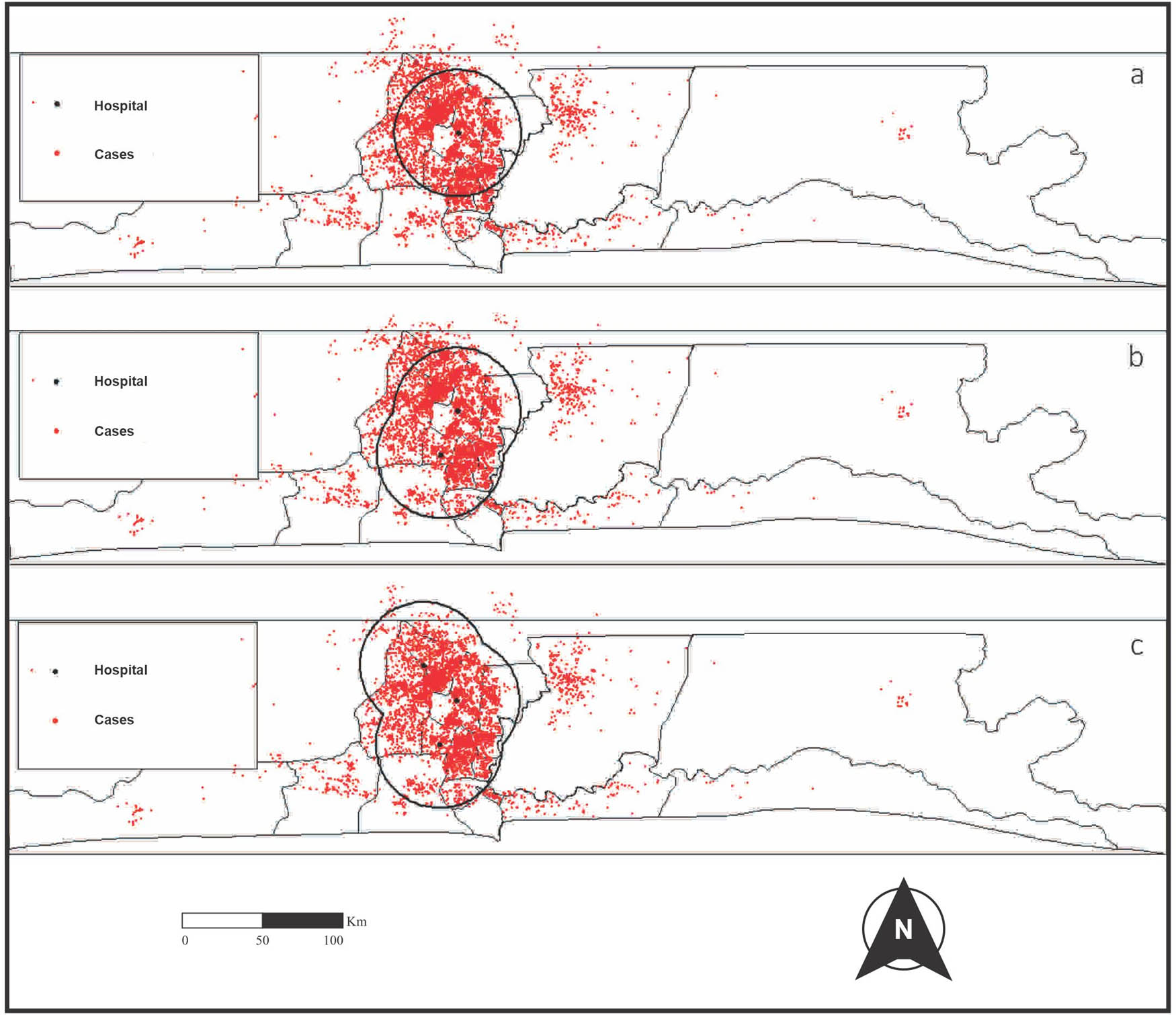 Figure 3 
               Facility coverages of diagnosed CVD cases in Lagos State: (a) existing facility, (b) one additional facility, and (c) two additional facilities. Source: Authors.
            