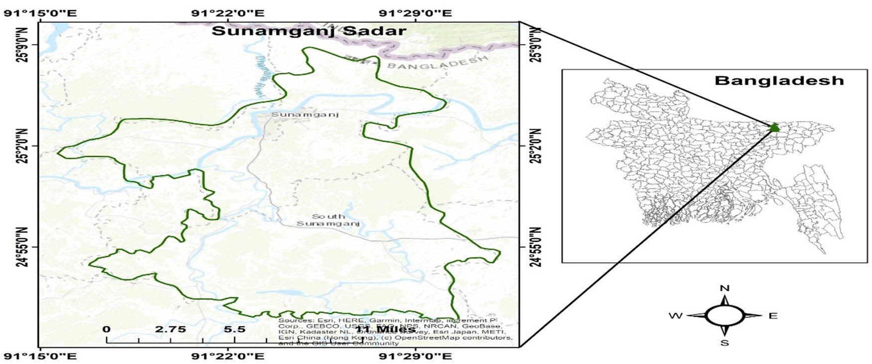 Figure 2 
                  The study area located in Sunamganj Sadar [42].
               