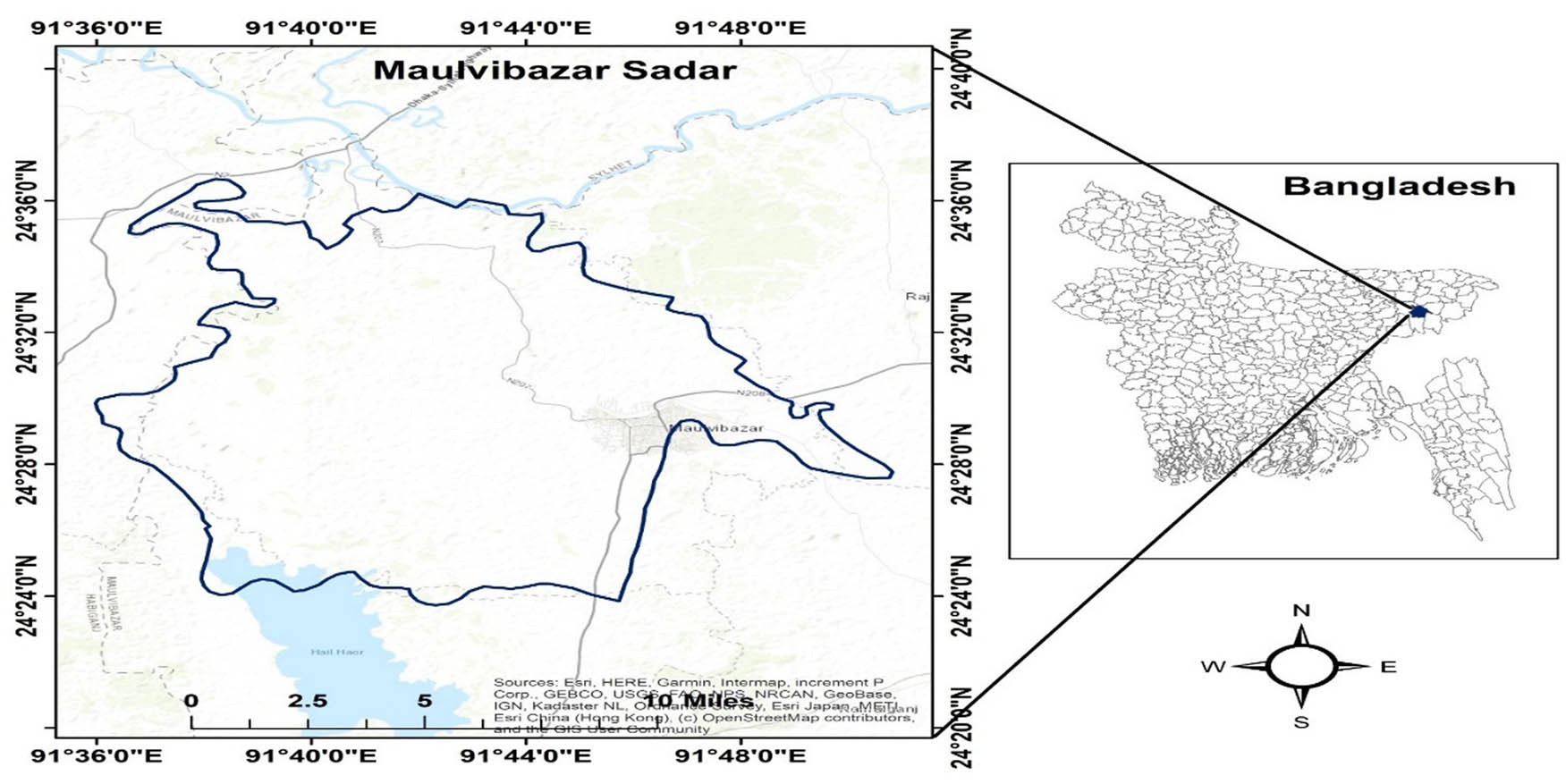 Figure 3 
                  The study area located in Maulvibazar Sadar [43].
               